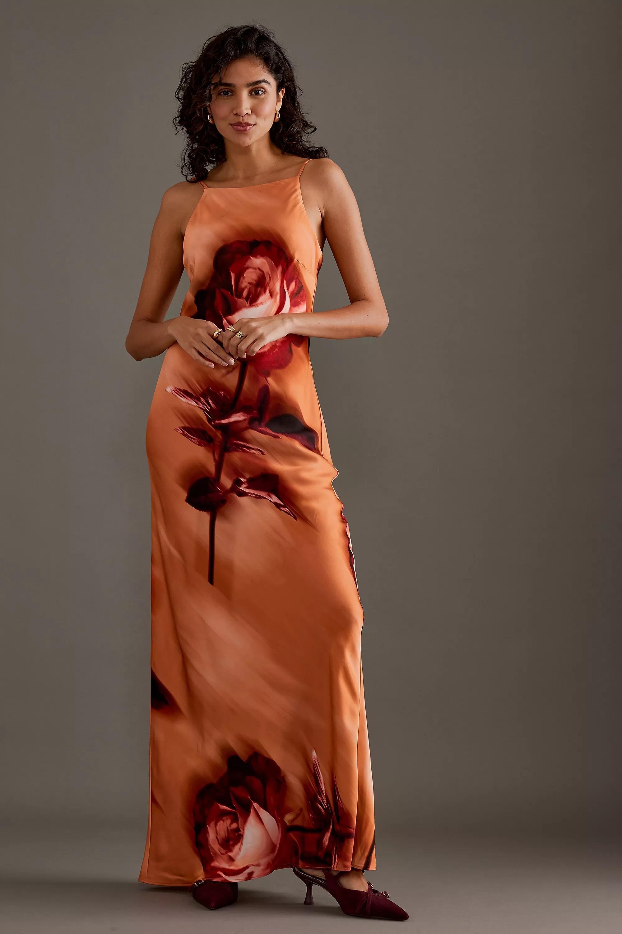 Halter Satin Maxi Slip Dress, Orange, , large image number 4