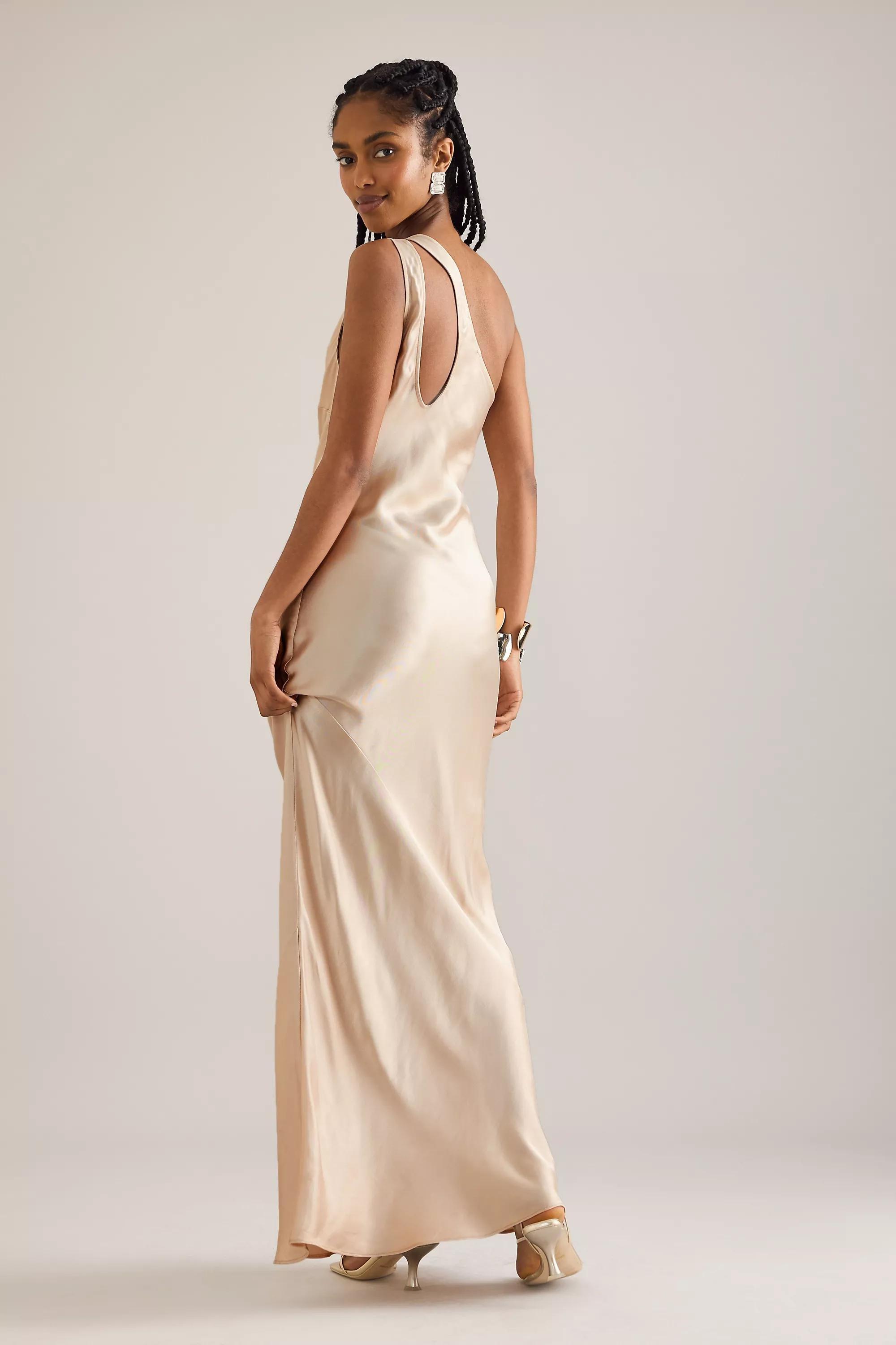 One-Shoulder Satin Maxi Slip Dress, Ivory, , large image number 1