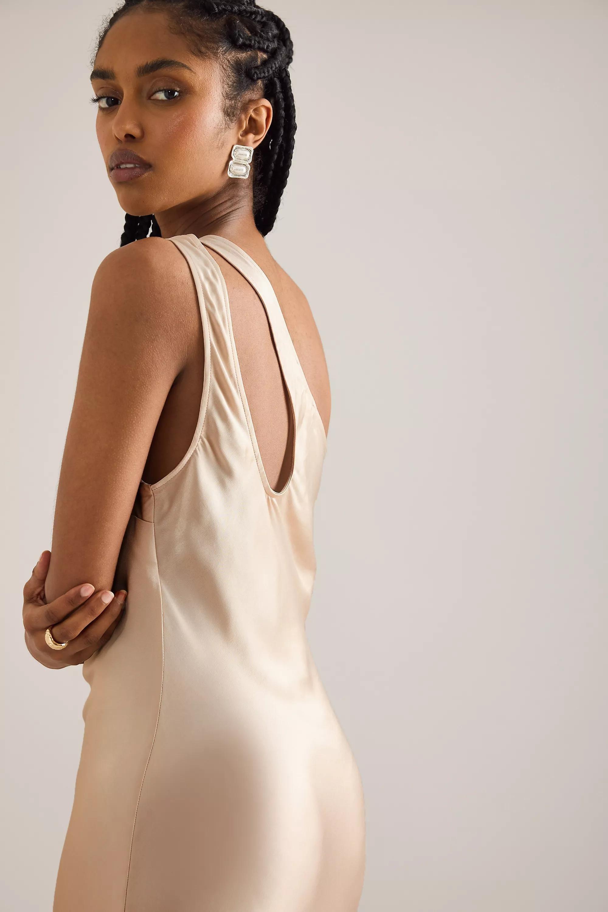 One-Shoulder Satin Maxi Slip Dress, Ivory, , large image number 2