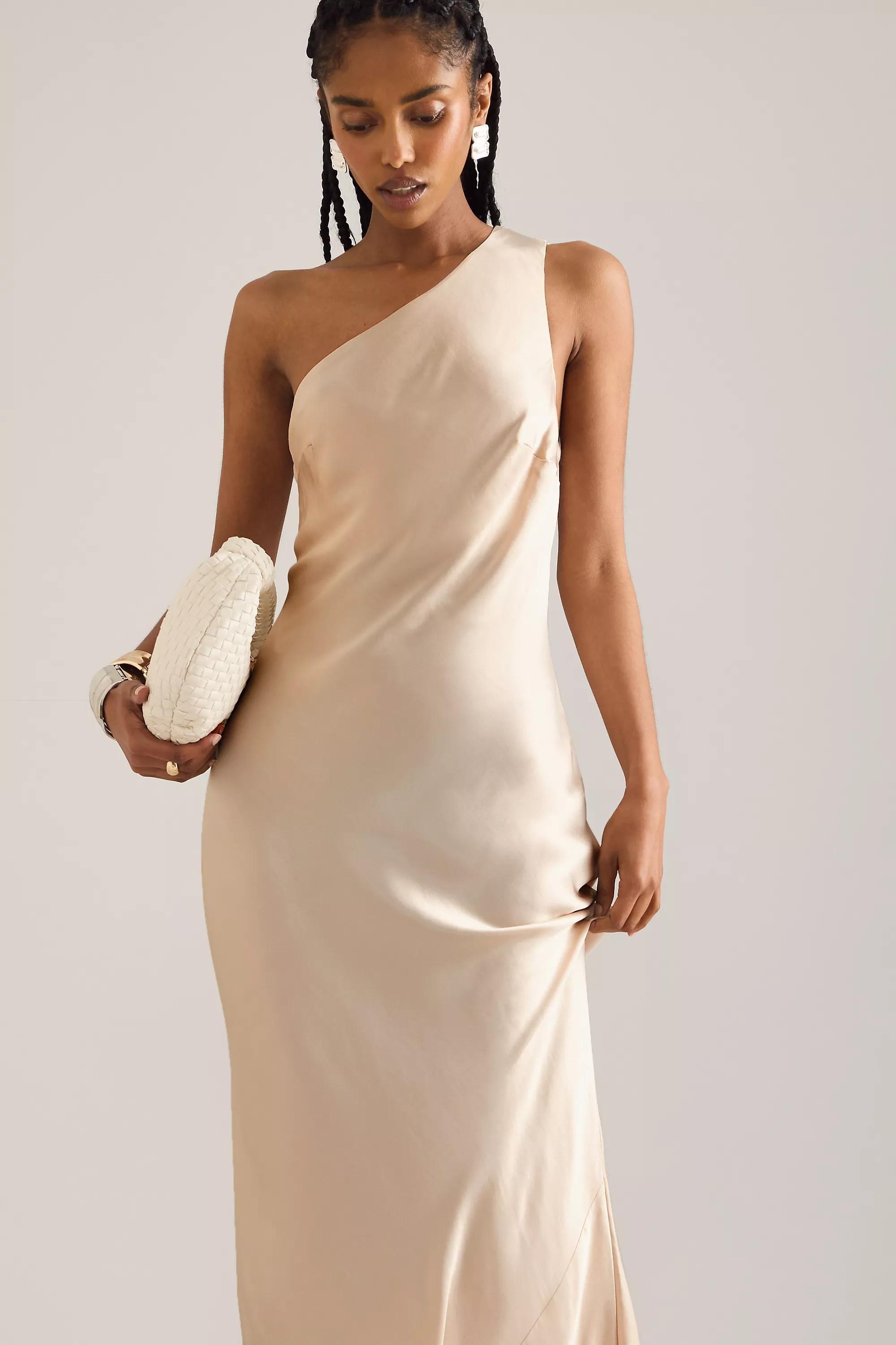 One-Shoulder Satin Maxi Slip Dress, Ivory, , large image number 5