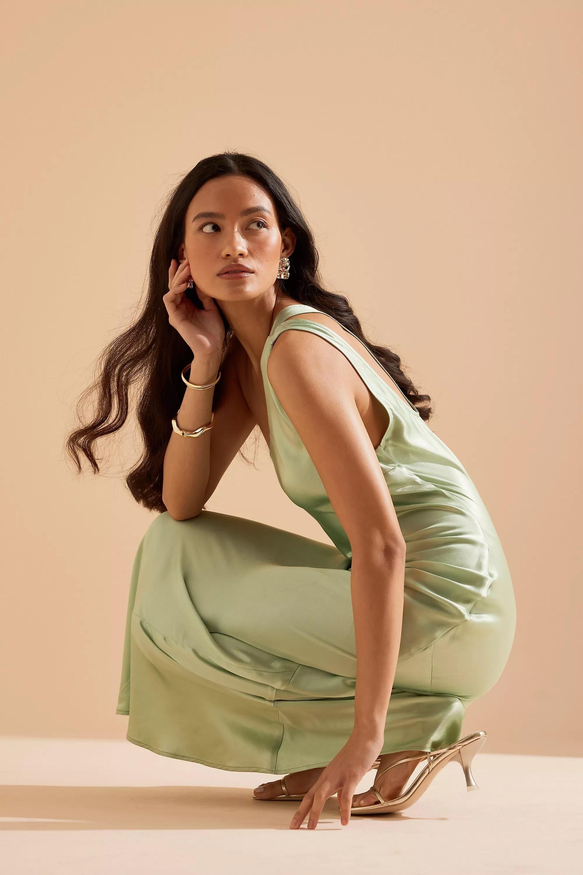 The Lily One-Shoulder Satin Maxi Slip Dress, Green, , large image number 2