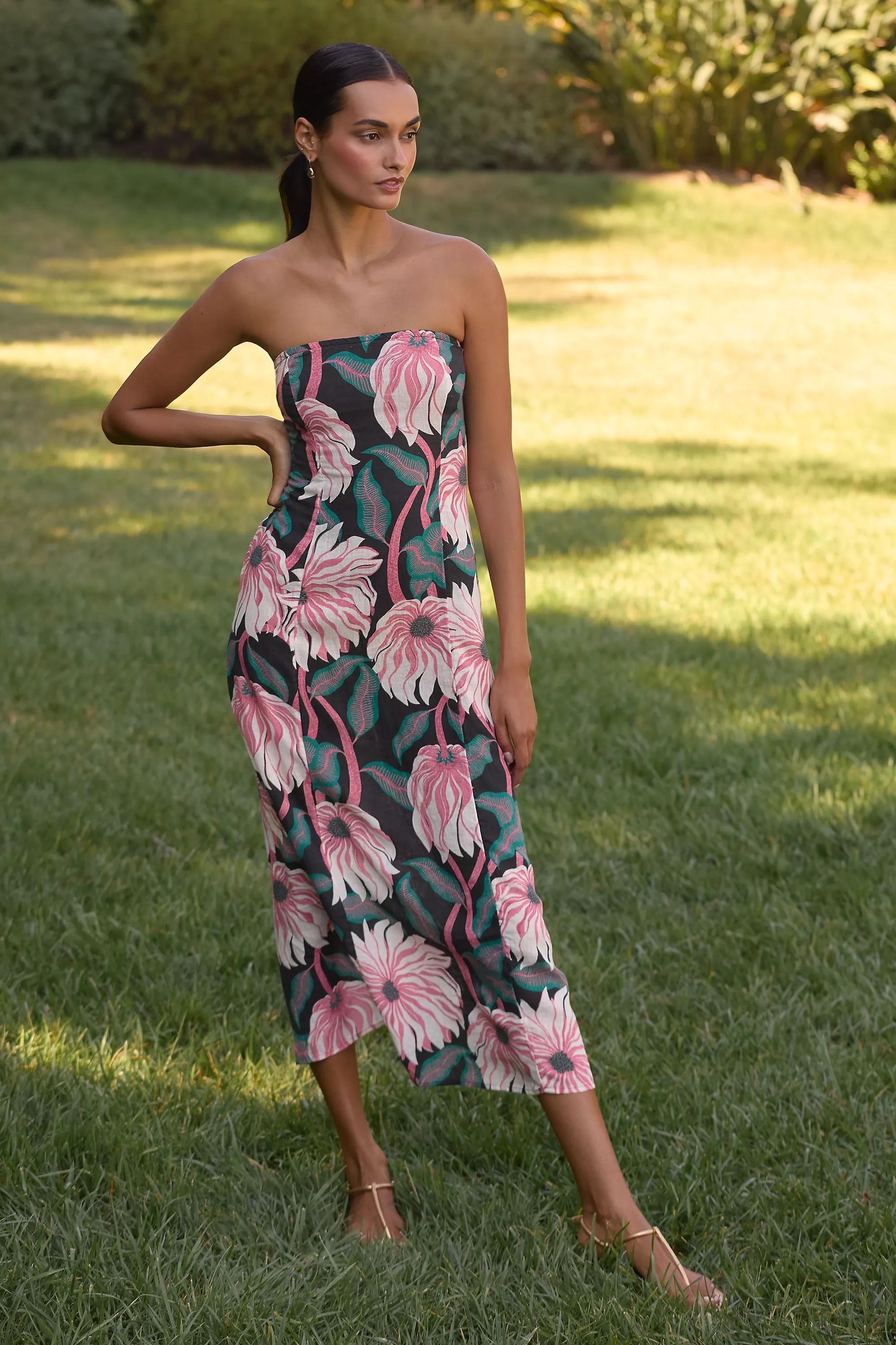 Anthropologie Floral Strapless Romantic Midi, Black, , medium
