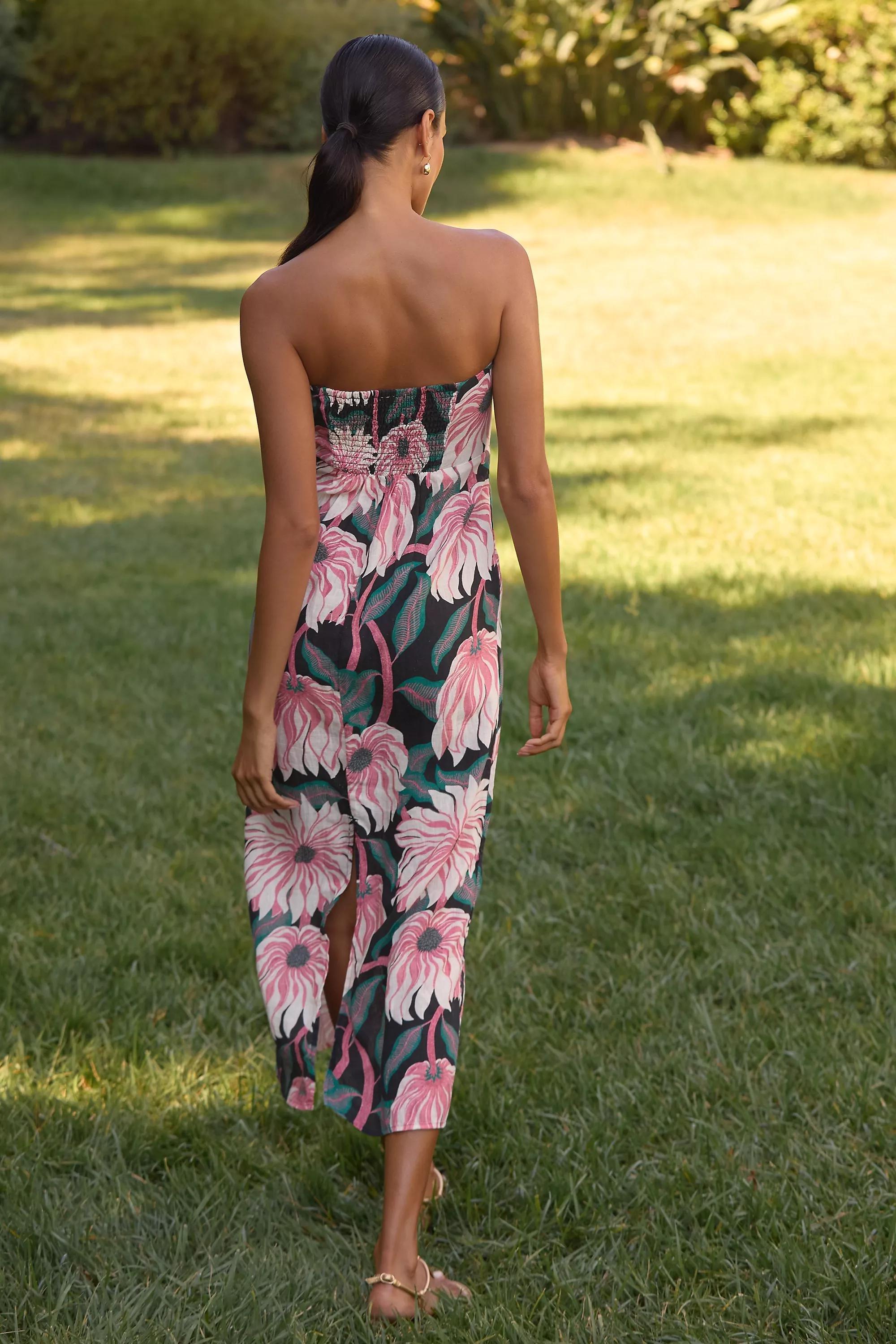 Anthropologie Floral Strapless Romantic Midi, Black, A501_0009, medium