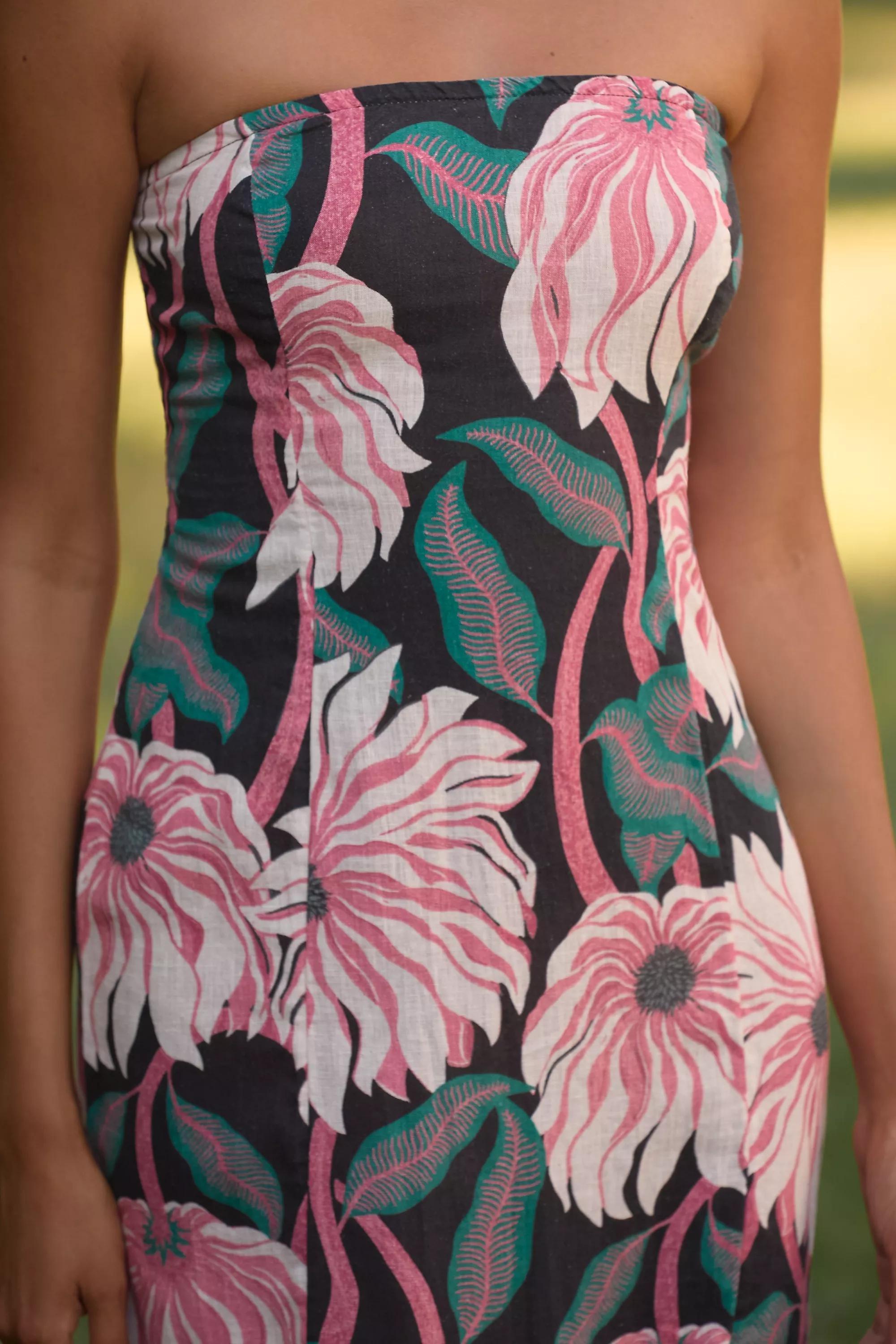 Anthropologie Floral Strapless Romantic Midi, Black, A501_0009, medium