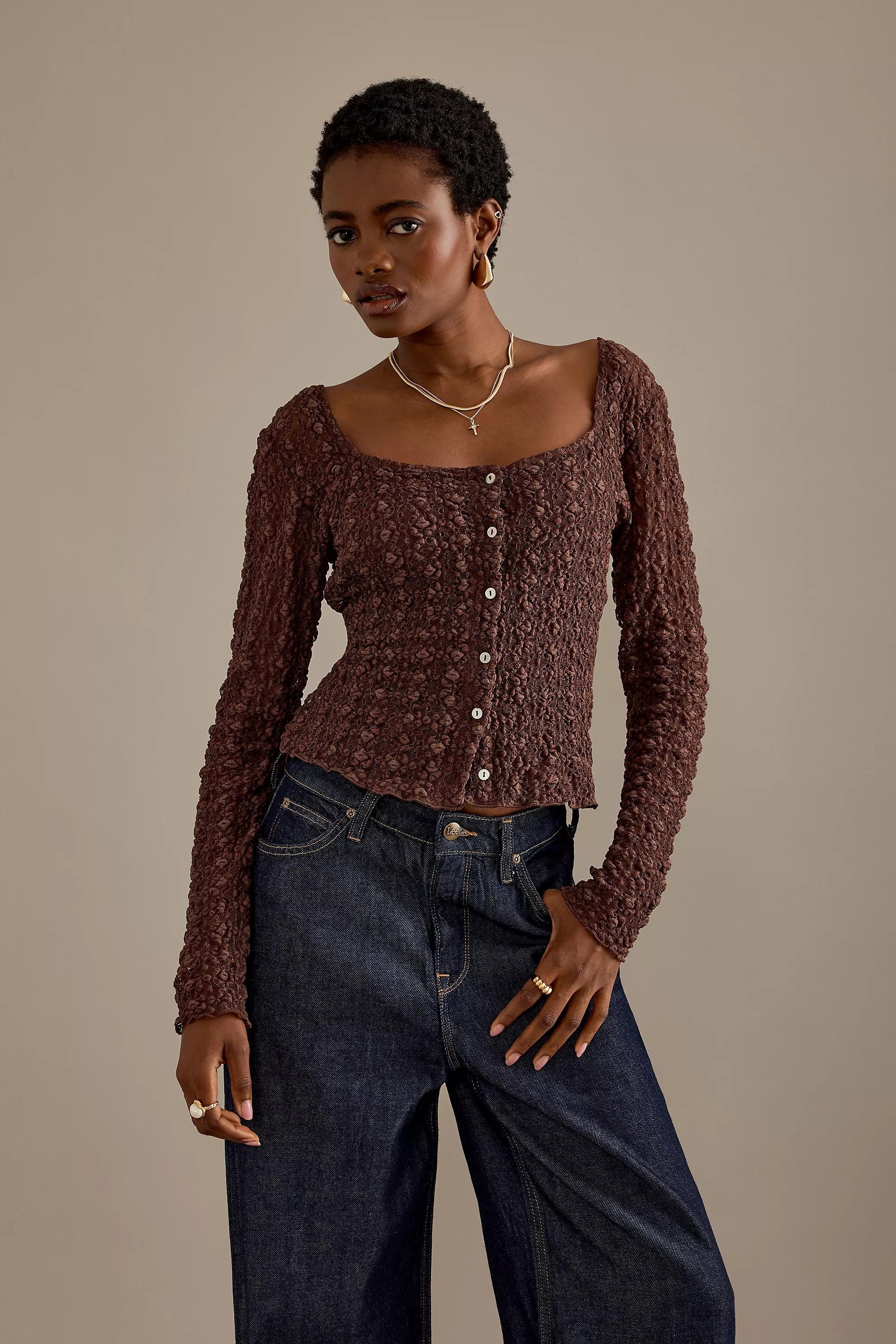 Anthropologie Textured Knit Cropped Top, Brown, A501_0020, medium