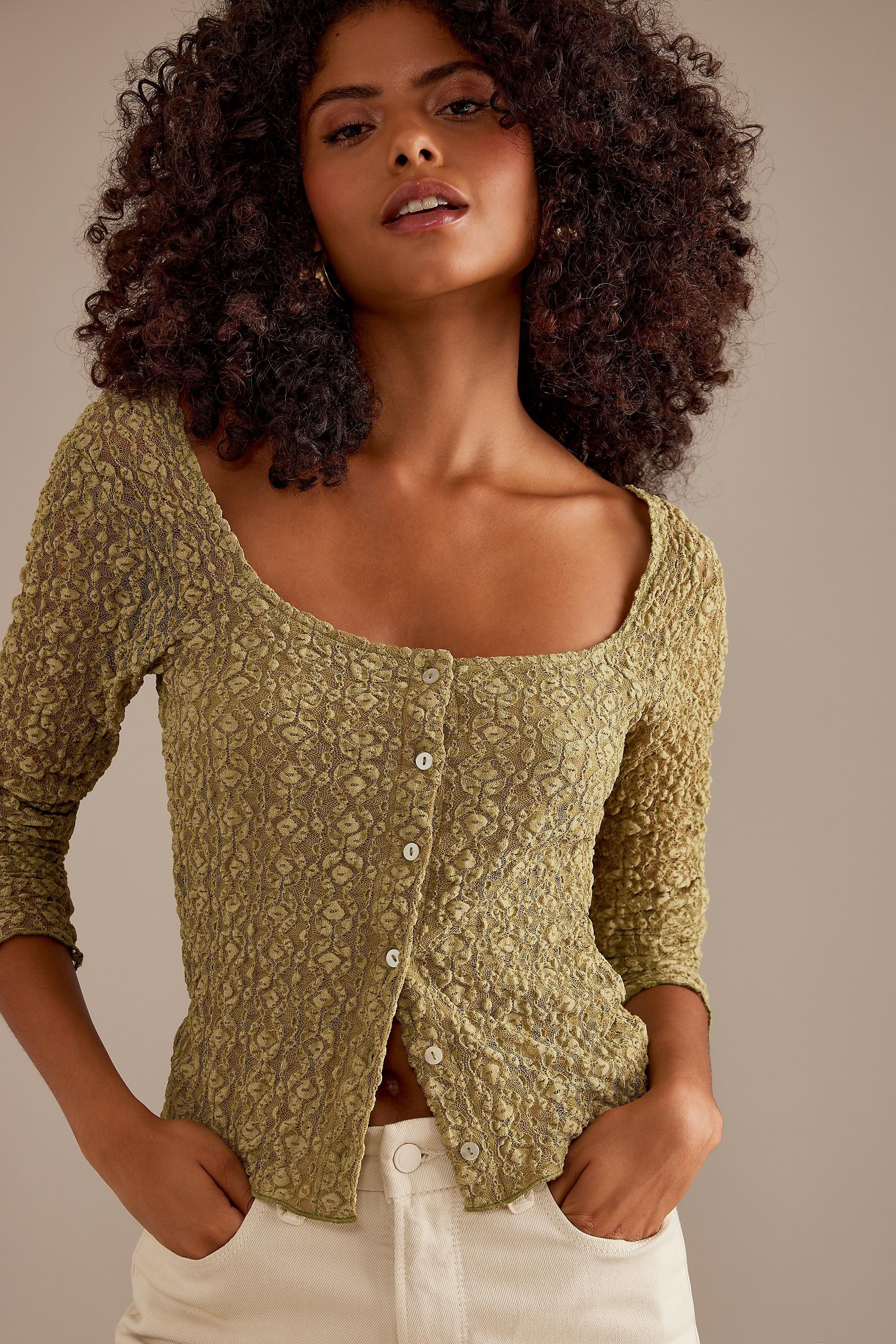 Long-Sleeve Lace Button-Front Top, Green, A501_0031, large image number 0