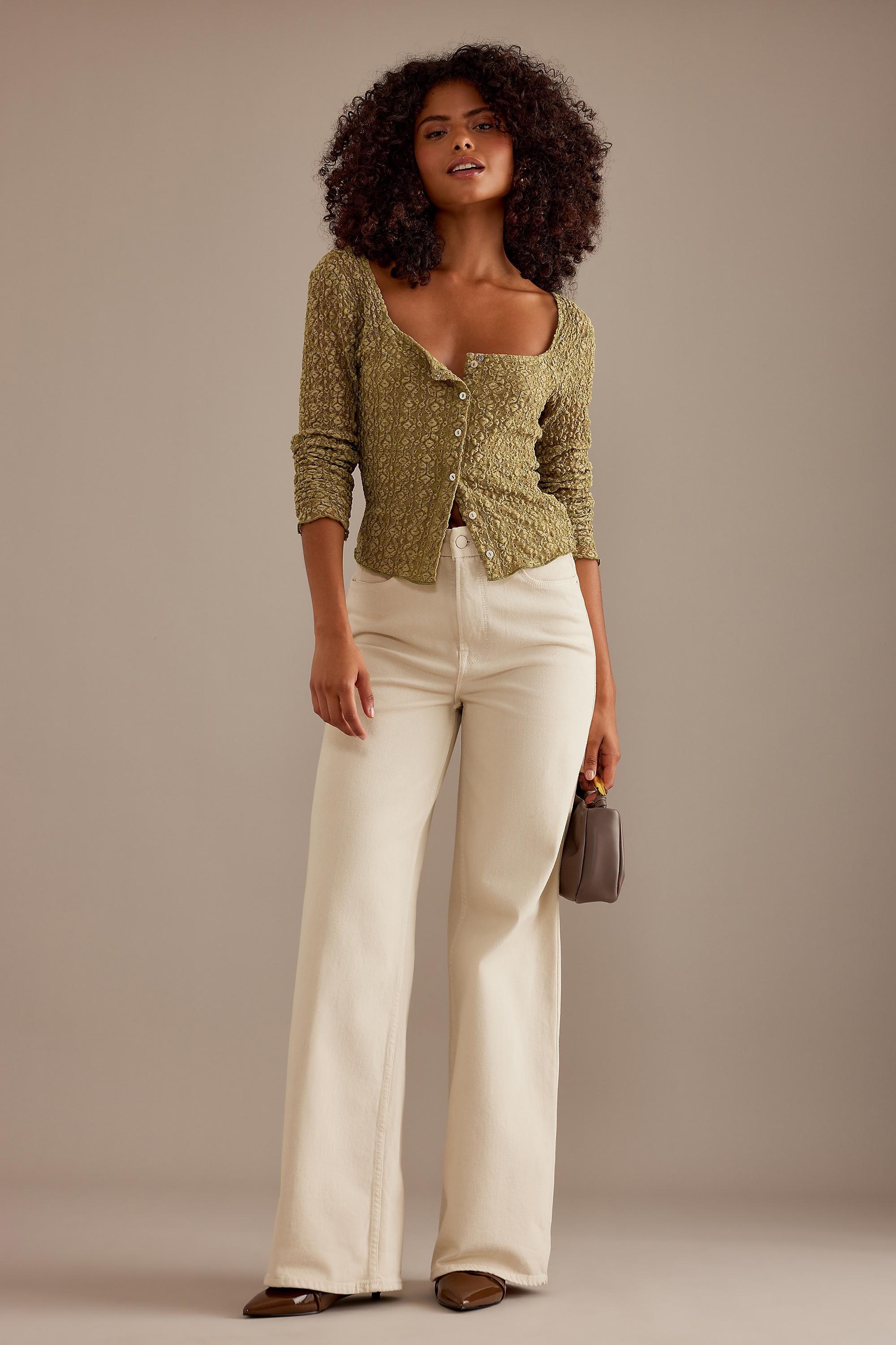 Long-Sleeve Lace Button-Front Top, Green, A501_0031, medium