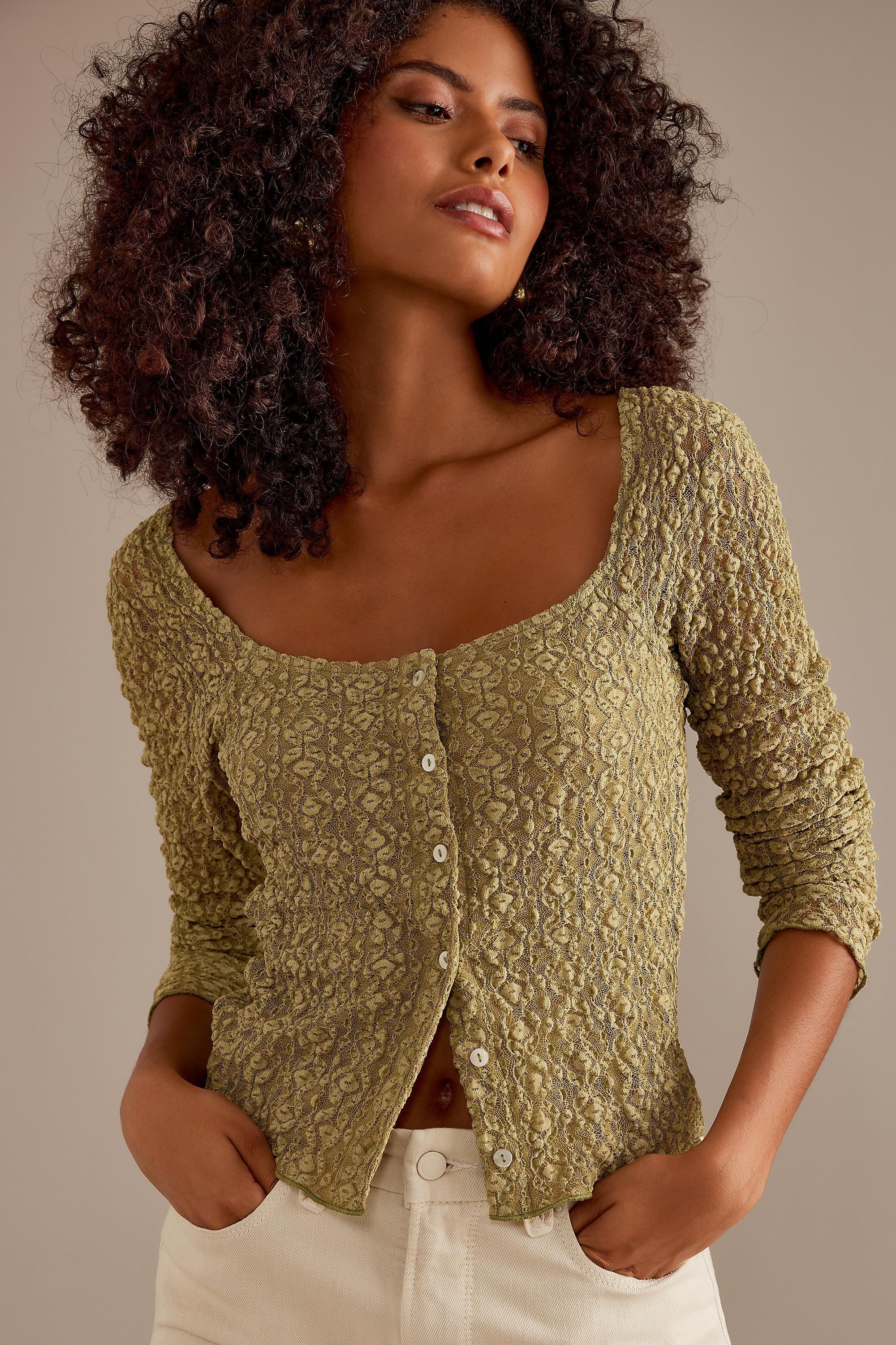 Long-Sleeve Lace Button-Front Top, Green, A501_0031, large image number 2