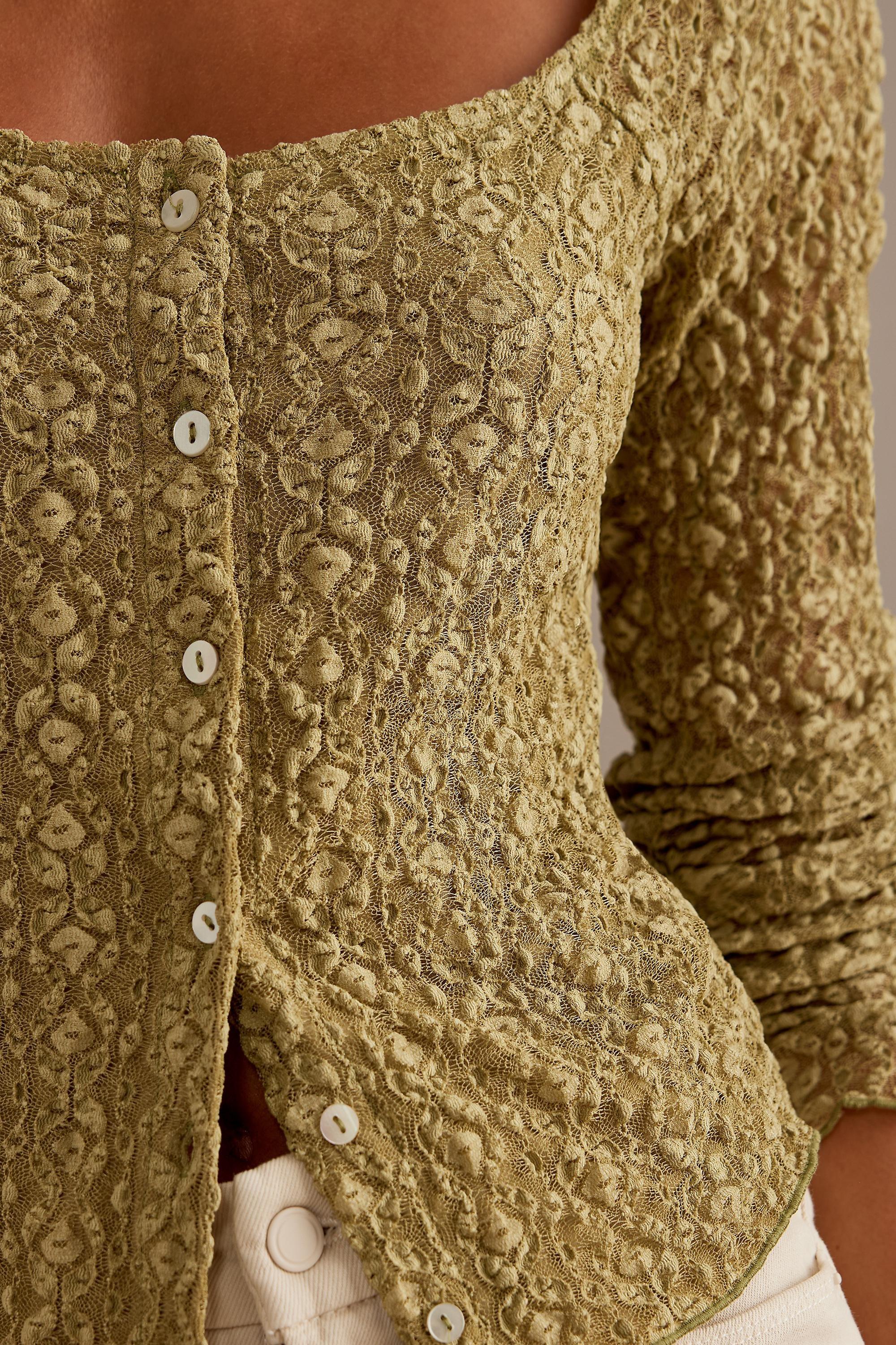 Long-Sleeve Lace Button-Front Top, Green, A501_0031, large image number 4