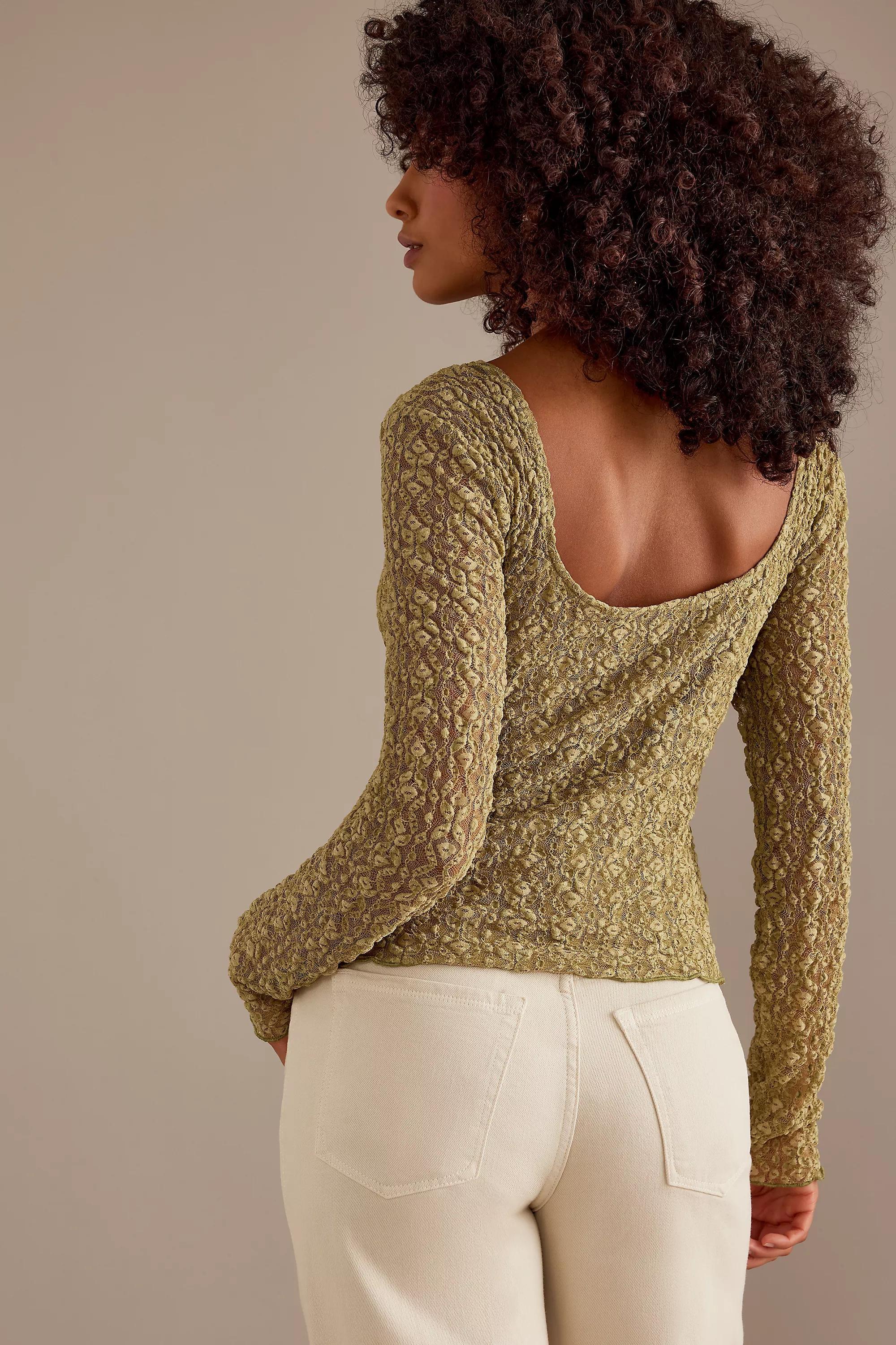Long-Sleeve Lace Button-Front Top, Green, A501_0031, large image number 5