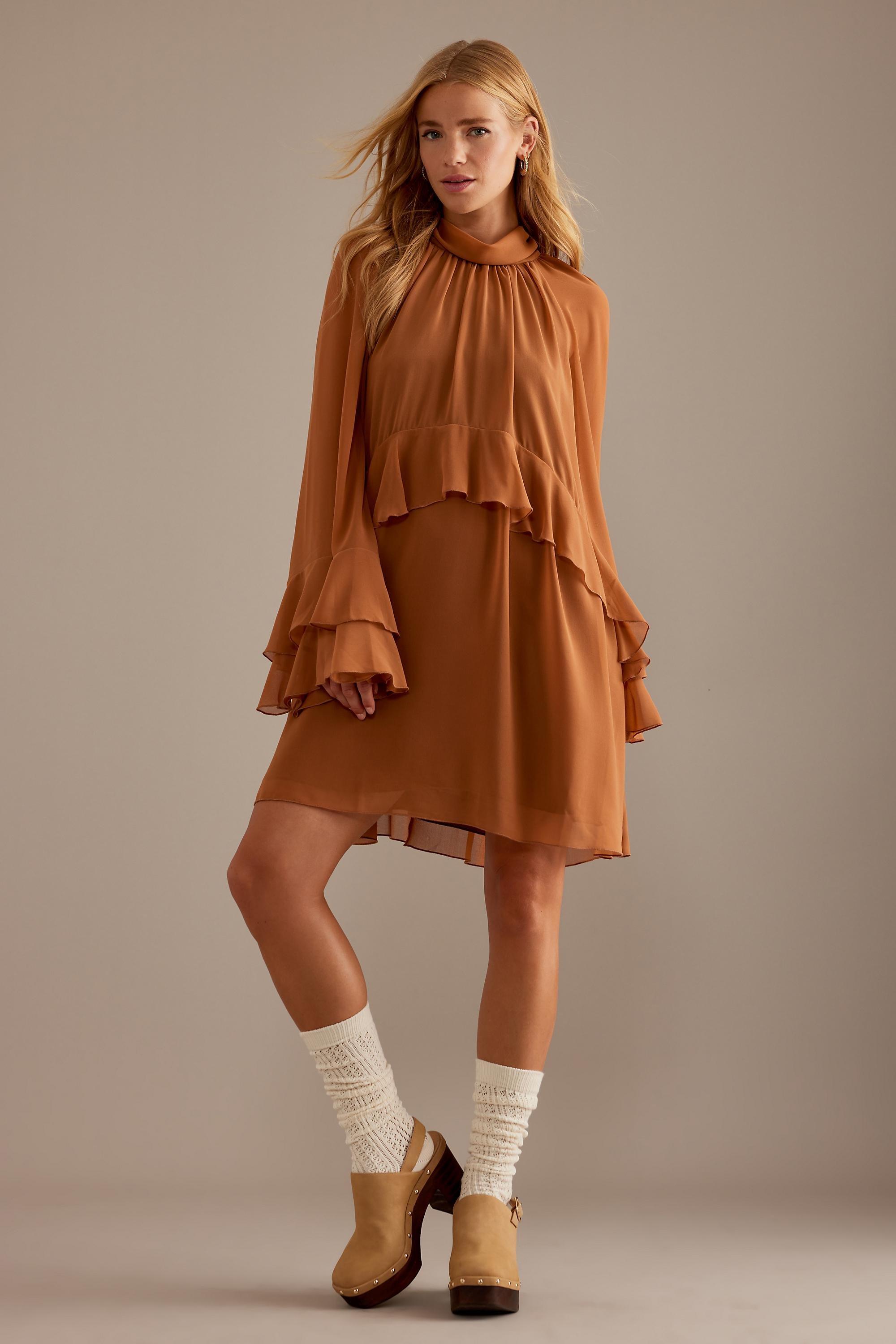 By Anthropologie High Neck Mini Dress, Brown, , large image number 0