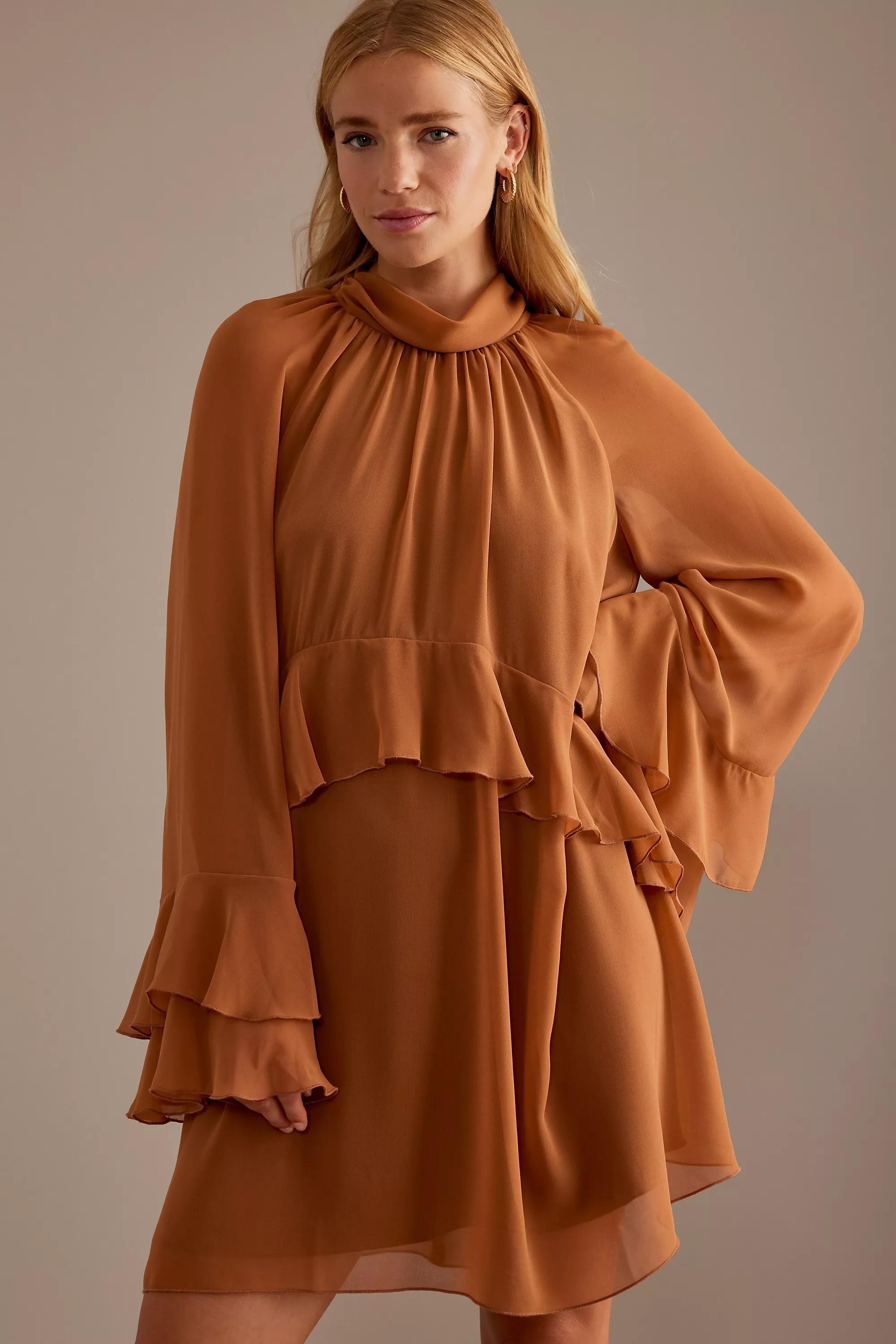 By Anthropologie High Neck Mini Dress, Brown, , large image number 1