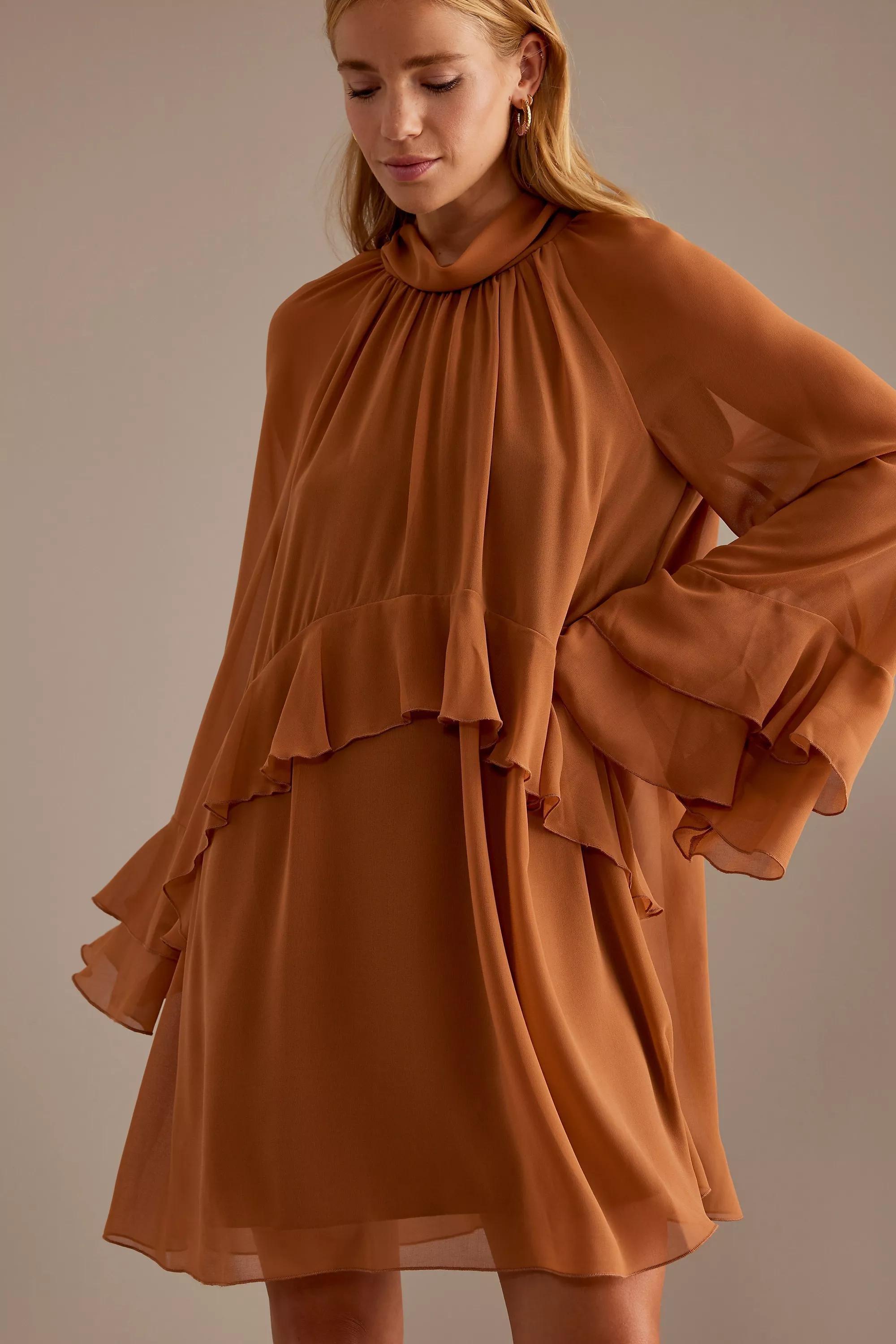 By Anthropologie High Neck Mini Dress, Brown, , large image number 3
