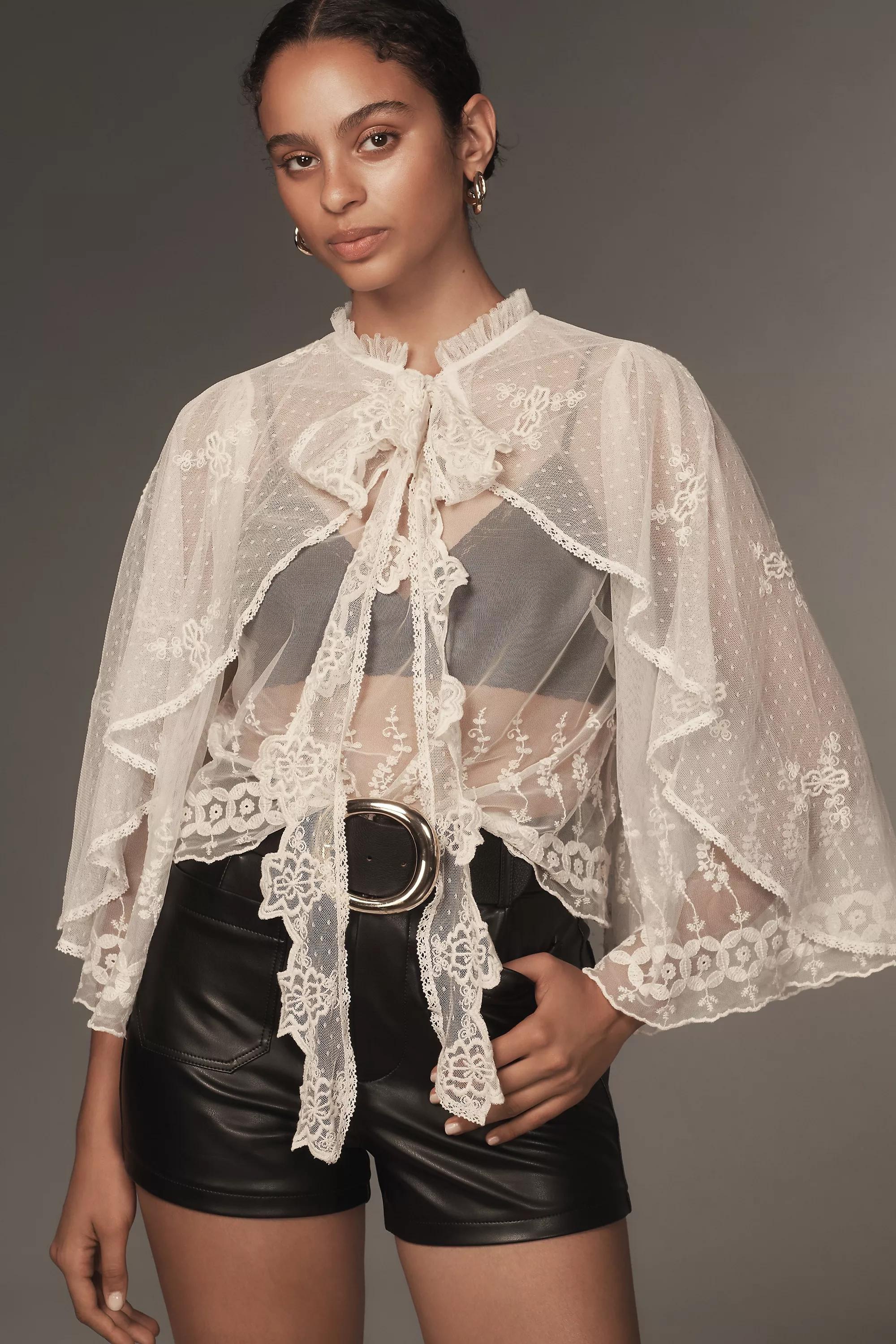 Anthropologie Lace Details Blouse, White, , medium