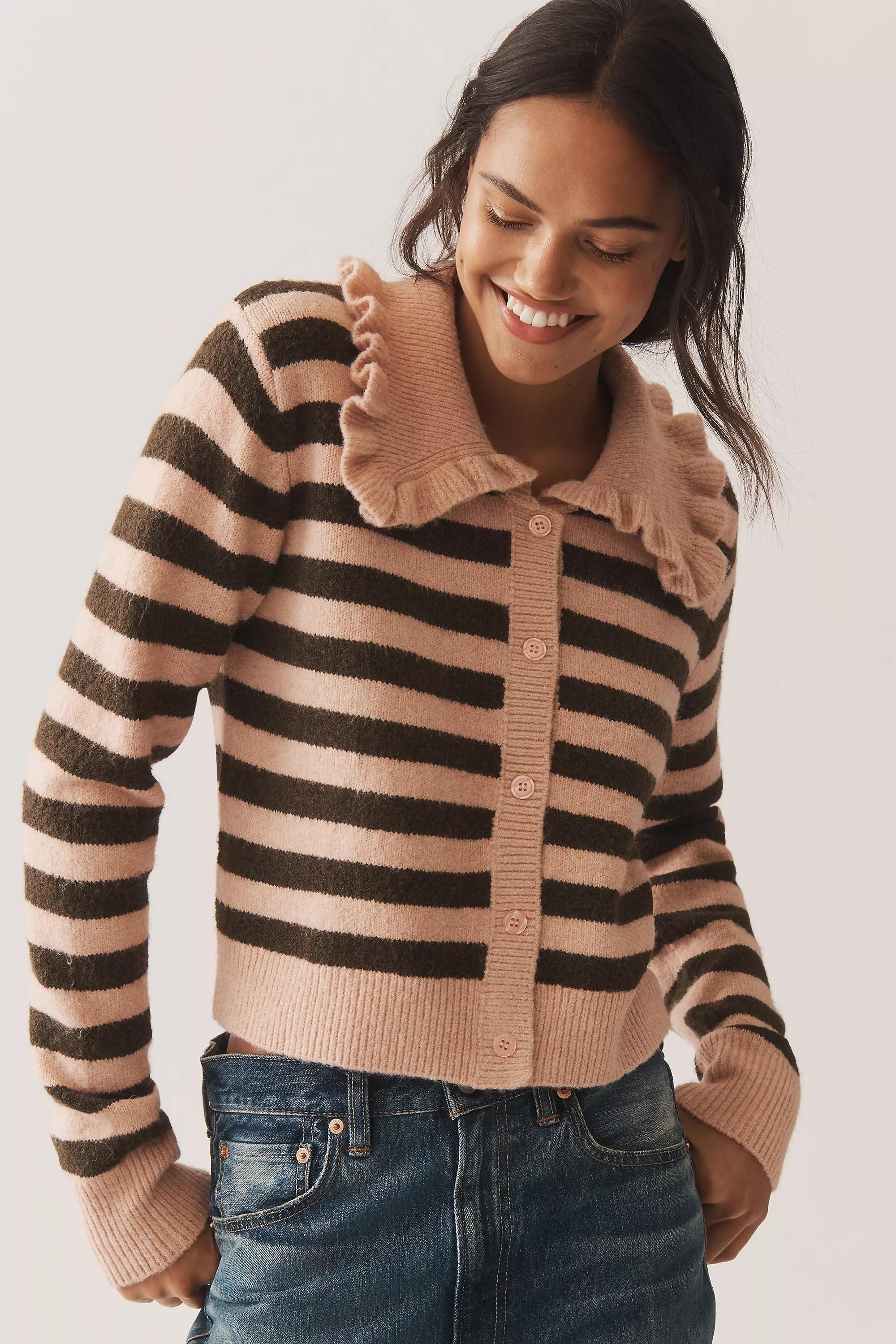 The Ainsley Ruffle-Collar Cardigan By Self Sweater, Pink, A501_0549, large image number 0