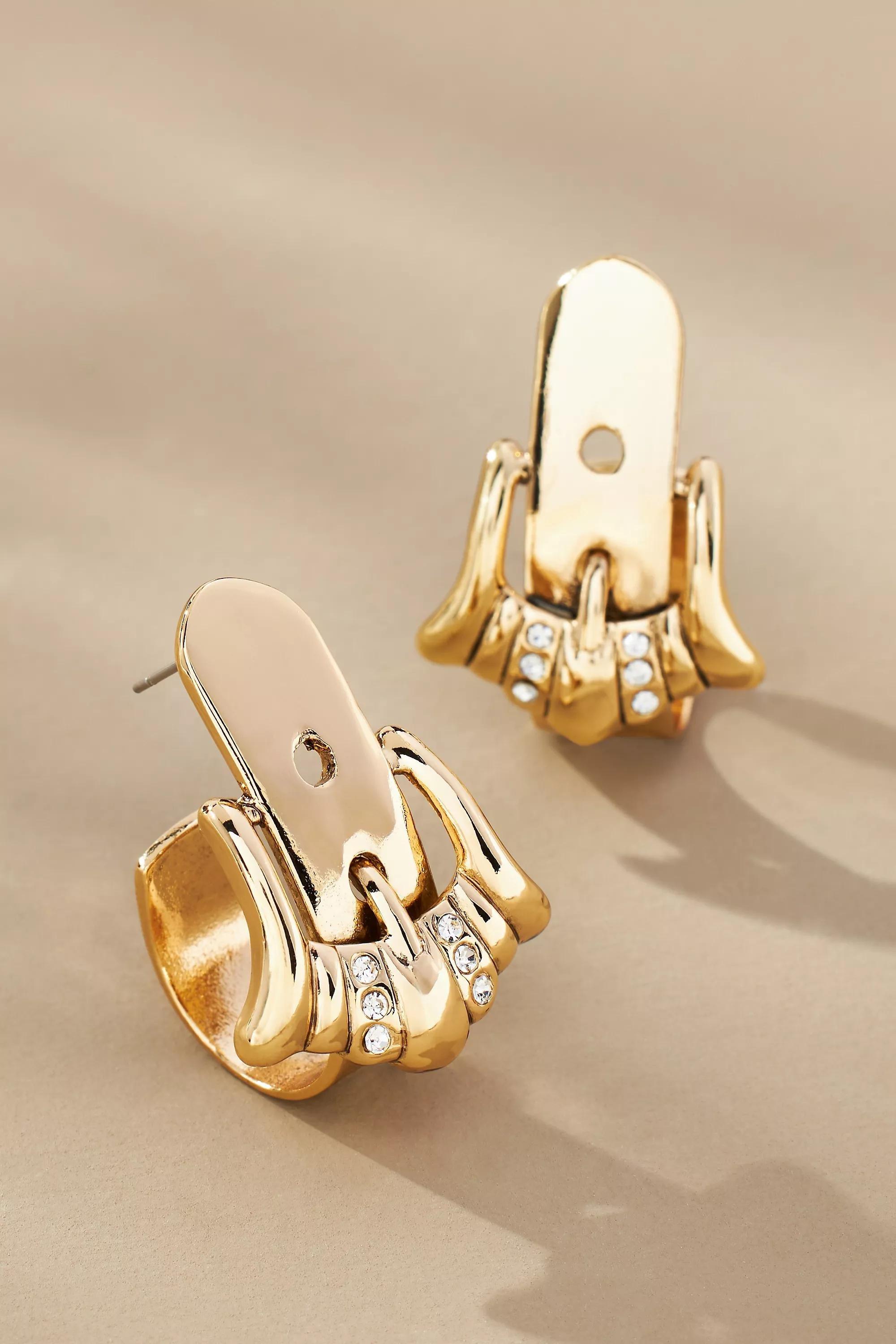 Western Buckle Huggie Hoop Earrings, Gold Pleated, A501_0070, large image number 0