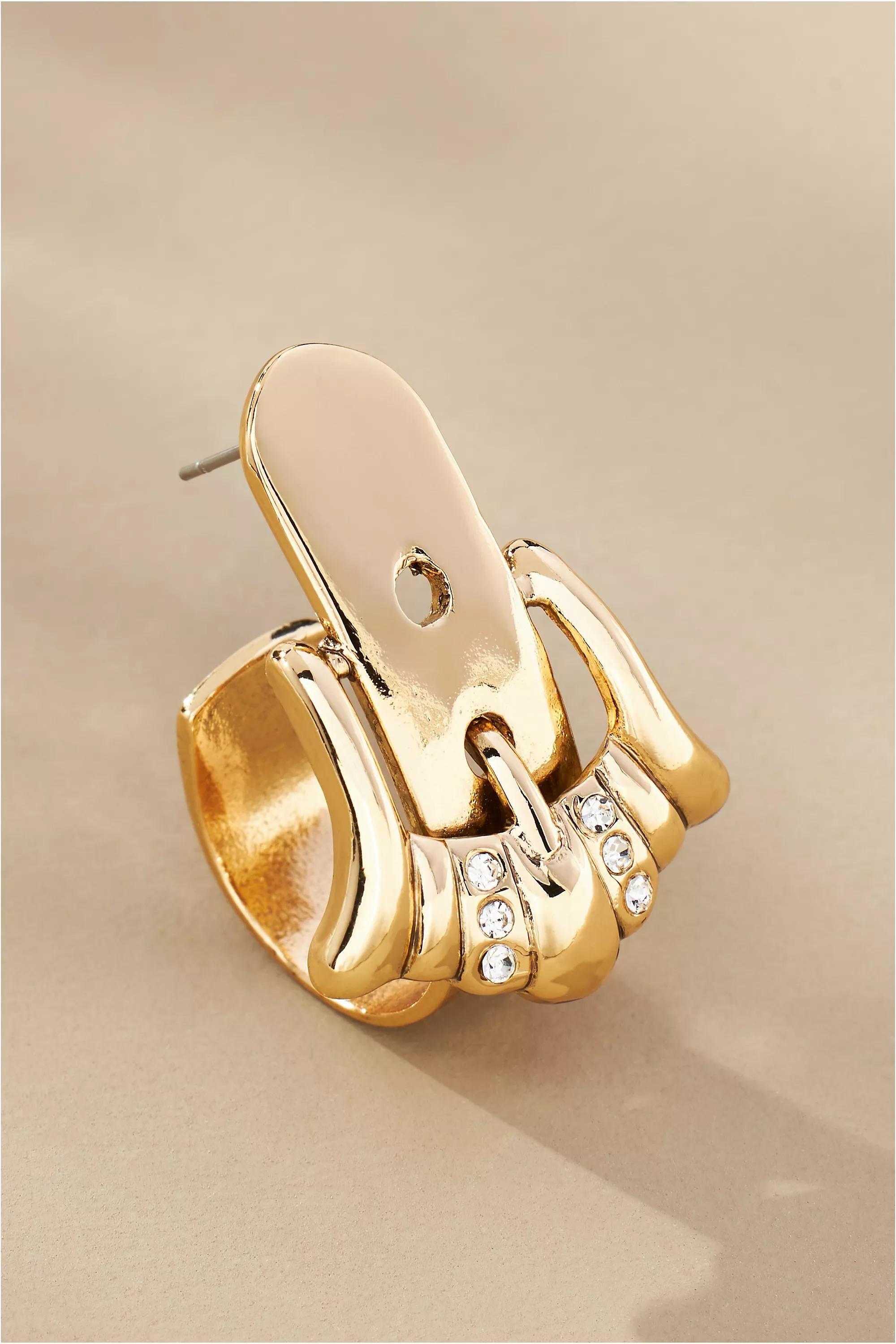 Western Buckle Huggie Hoop Earrings, Gold Pleated, A501_0070, large image number 1