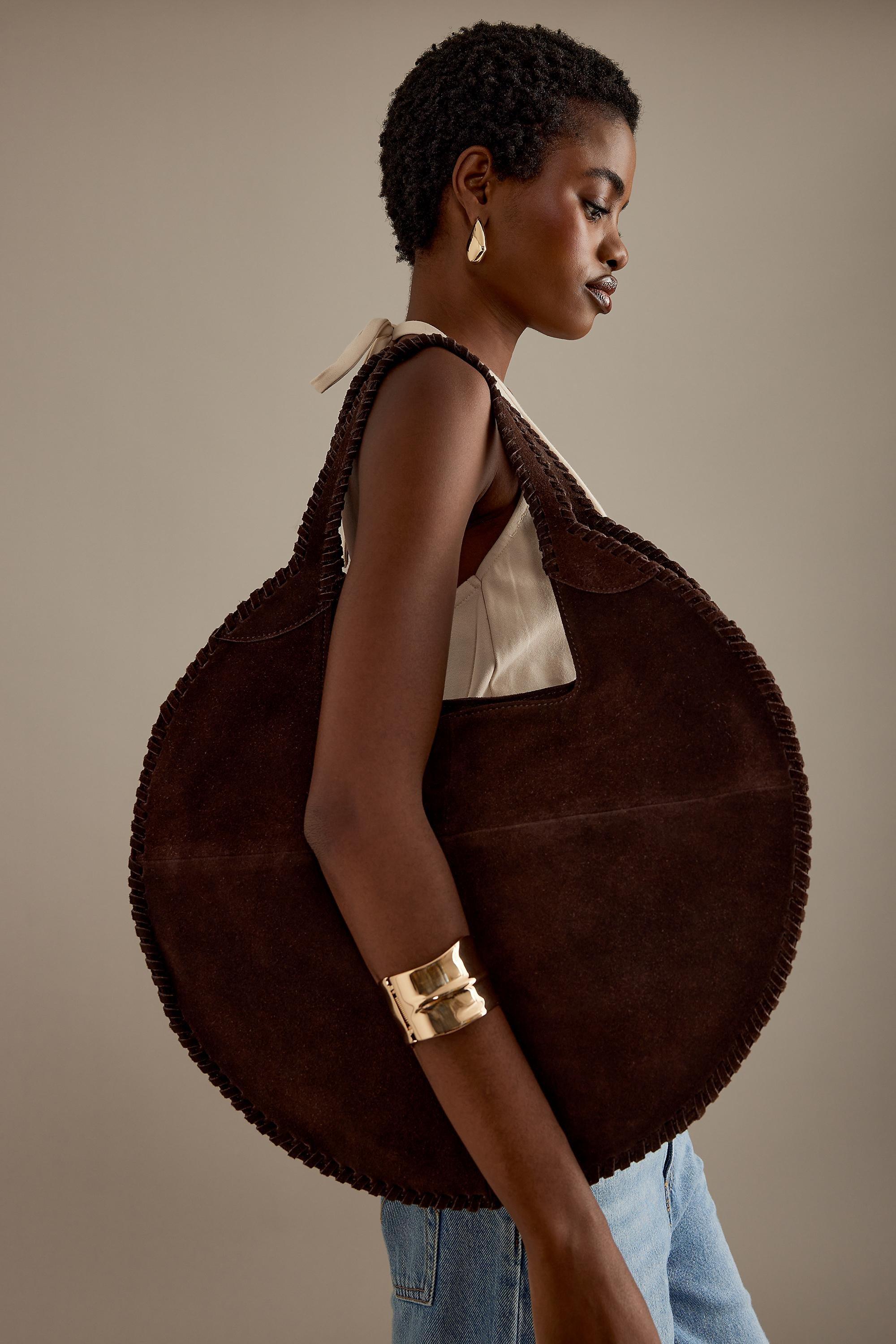 Nora Round Circle Suede Tote Bag, Brown, A501_0021, medium