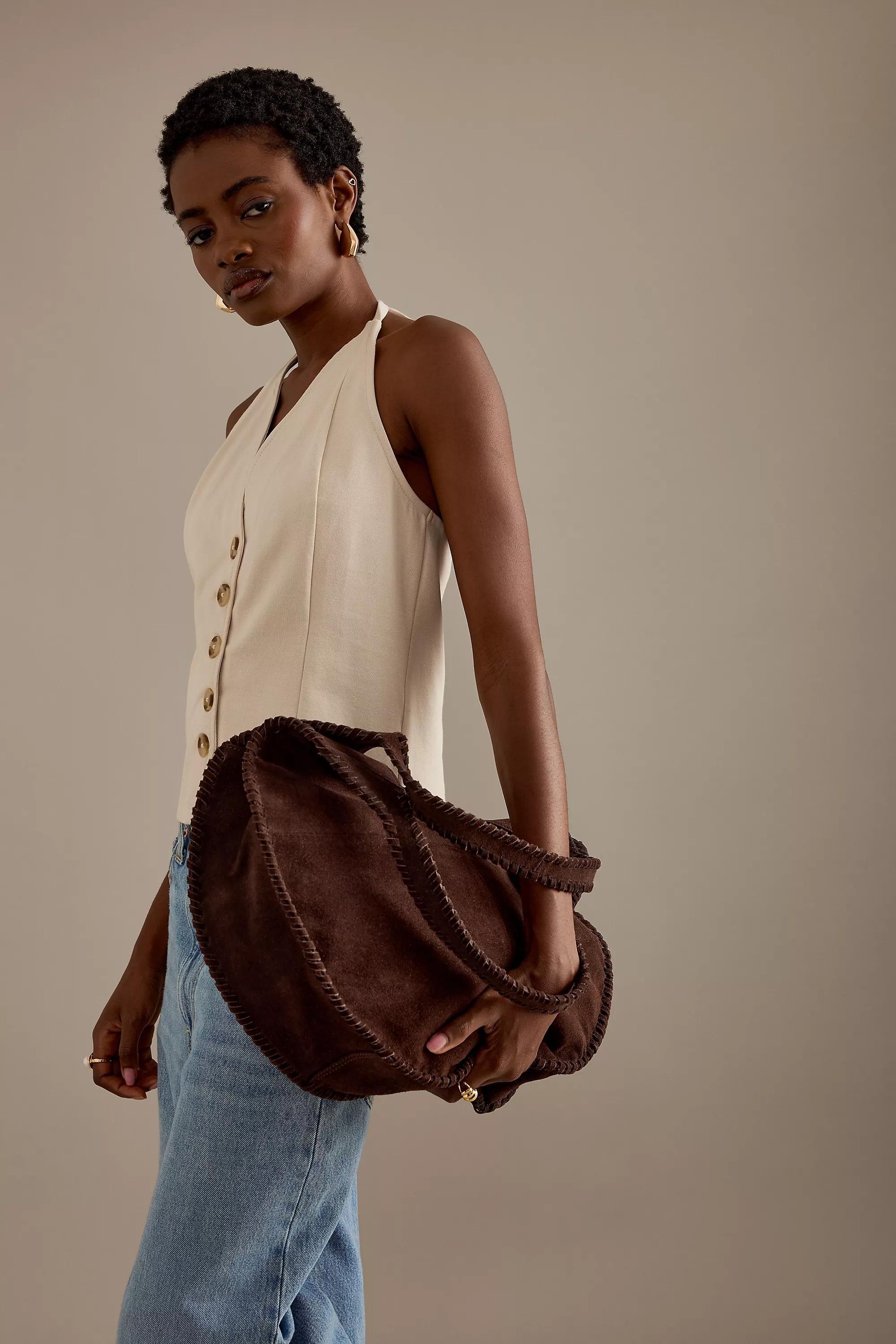 Nora Round Circle Suede Tote Bag, Brown, A501_0021, large image number 1
