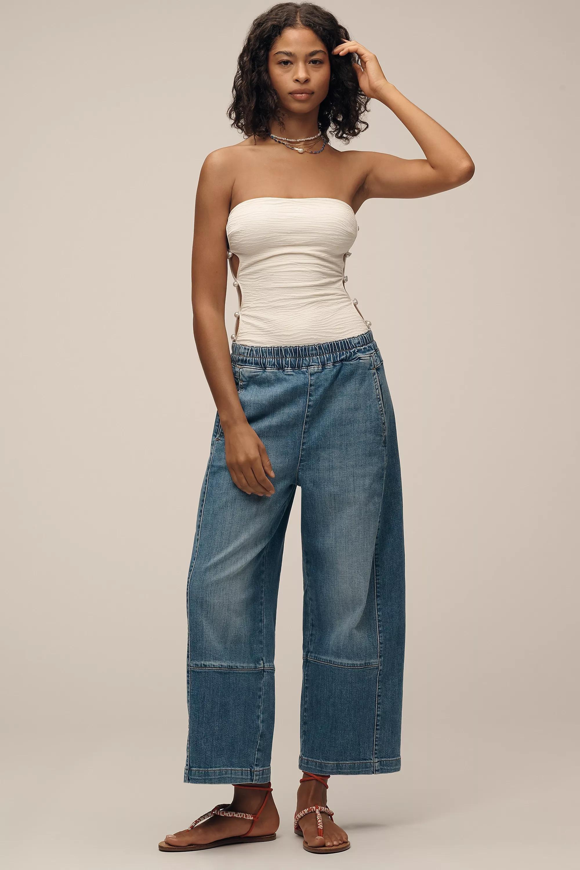 Navy Relaxed Pull-On Barrel Jeans By Pilcro, , large image number 0