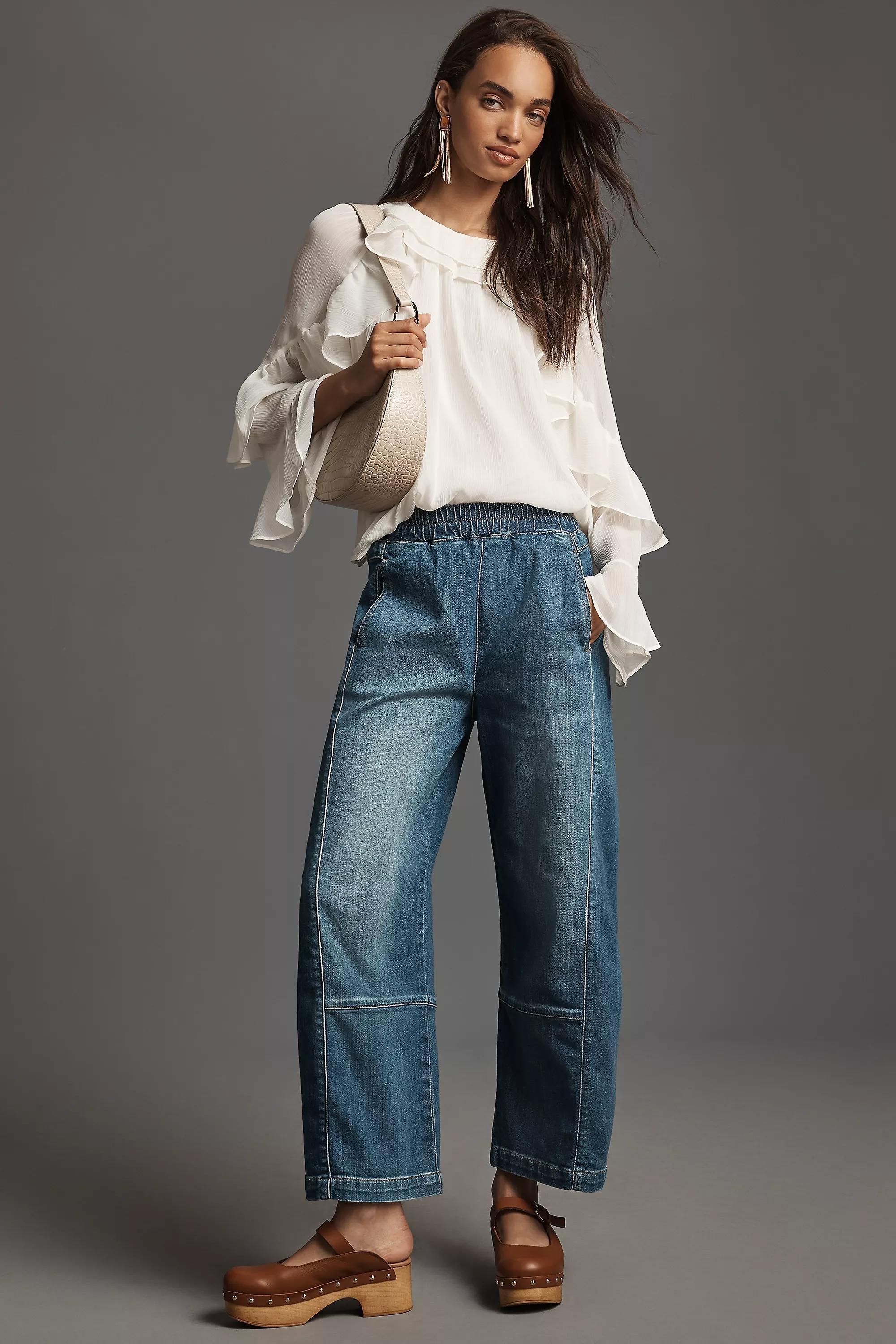 DENIM MEDIUM BLUE The Izzie Relaxed Pull-On Barrel Jeans by Pilcro, , medium