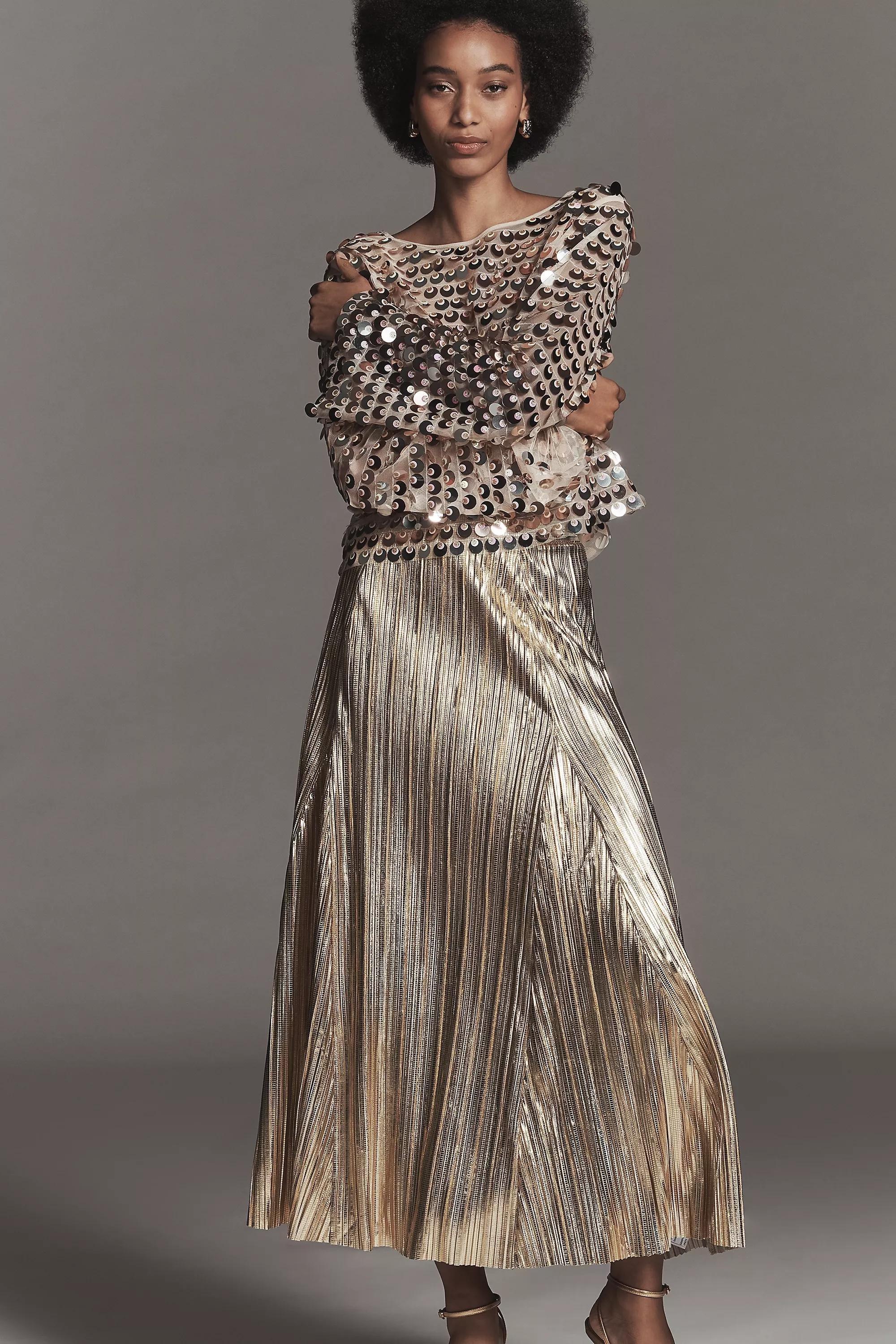 GOLD By Anthropologie Metallic Midi Skirt, A501_0070, large image number 3