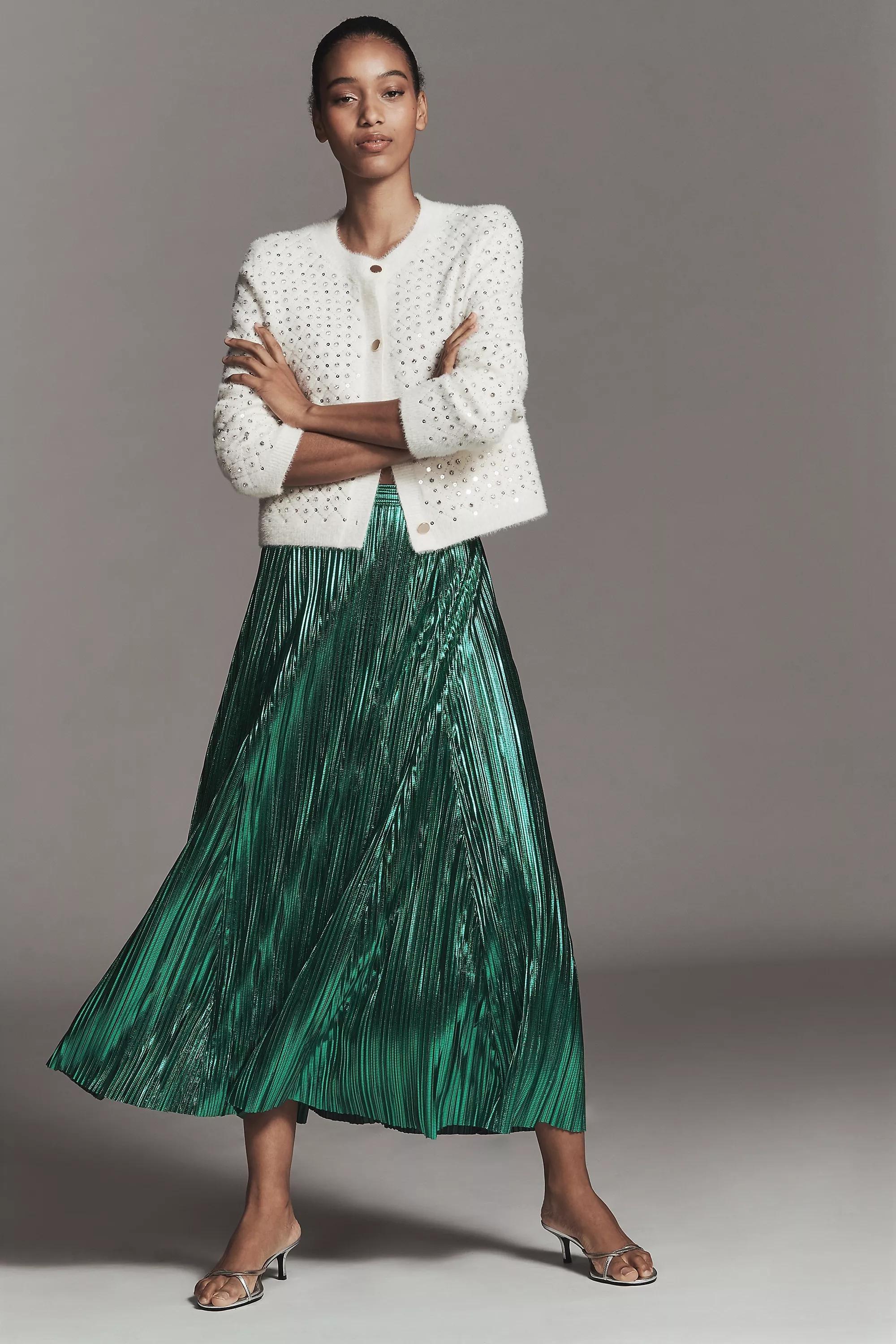 By Anthropologie Metallic Midi Skirt, Green, Green, large image number 0
