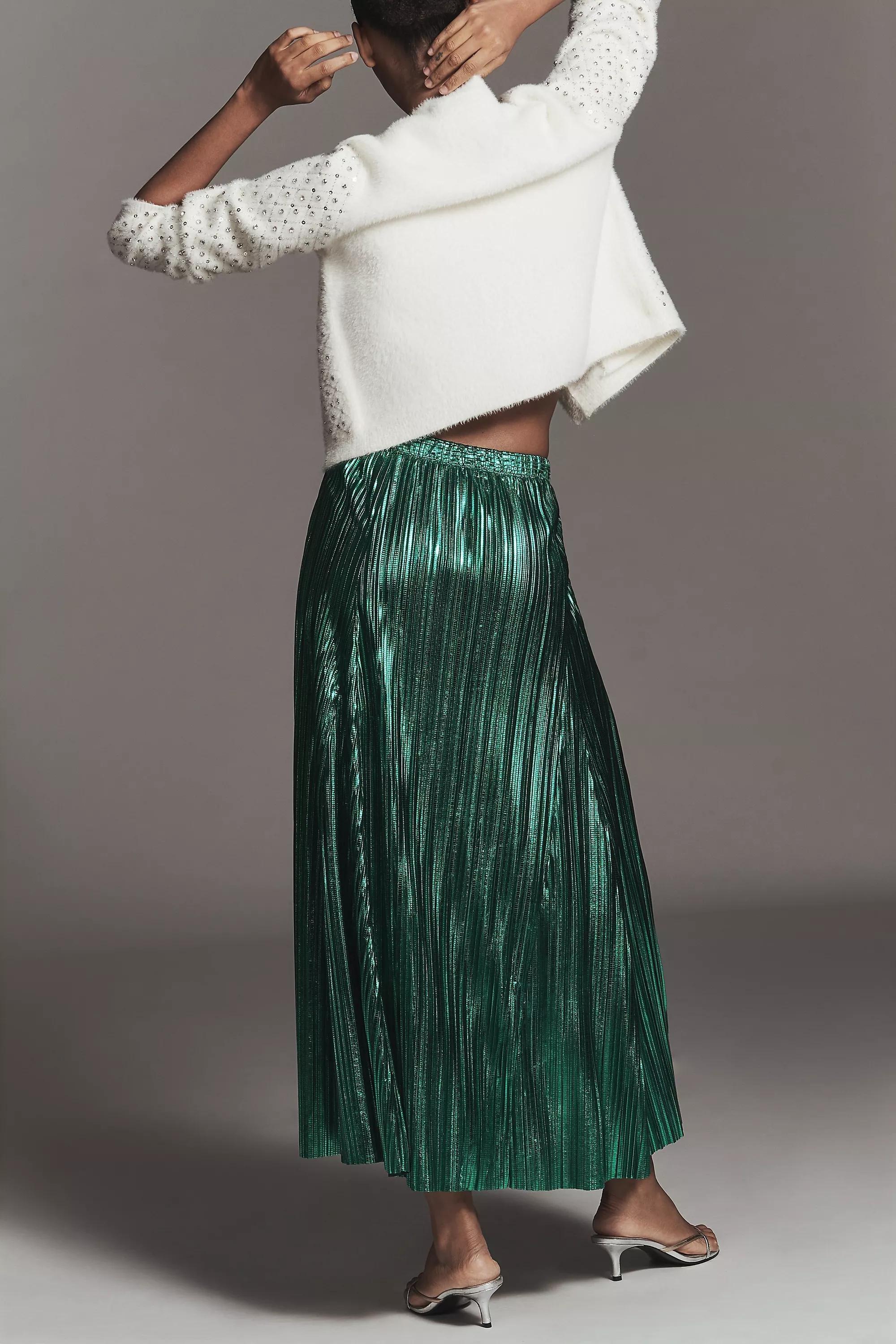By Anthropologie Metallic Midi Skirt, Green, Green, medium