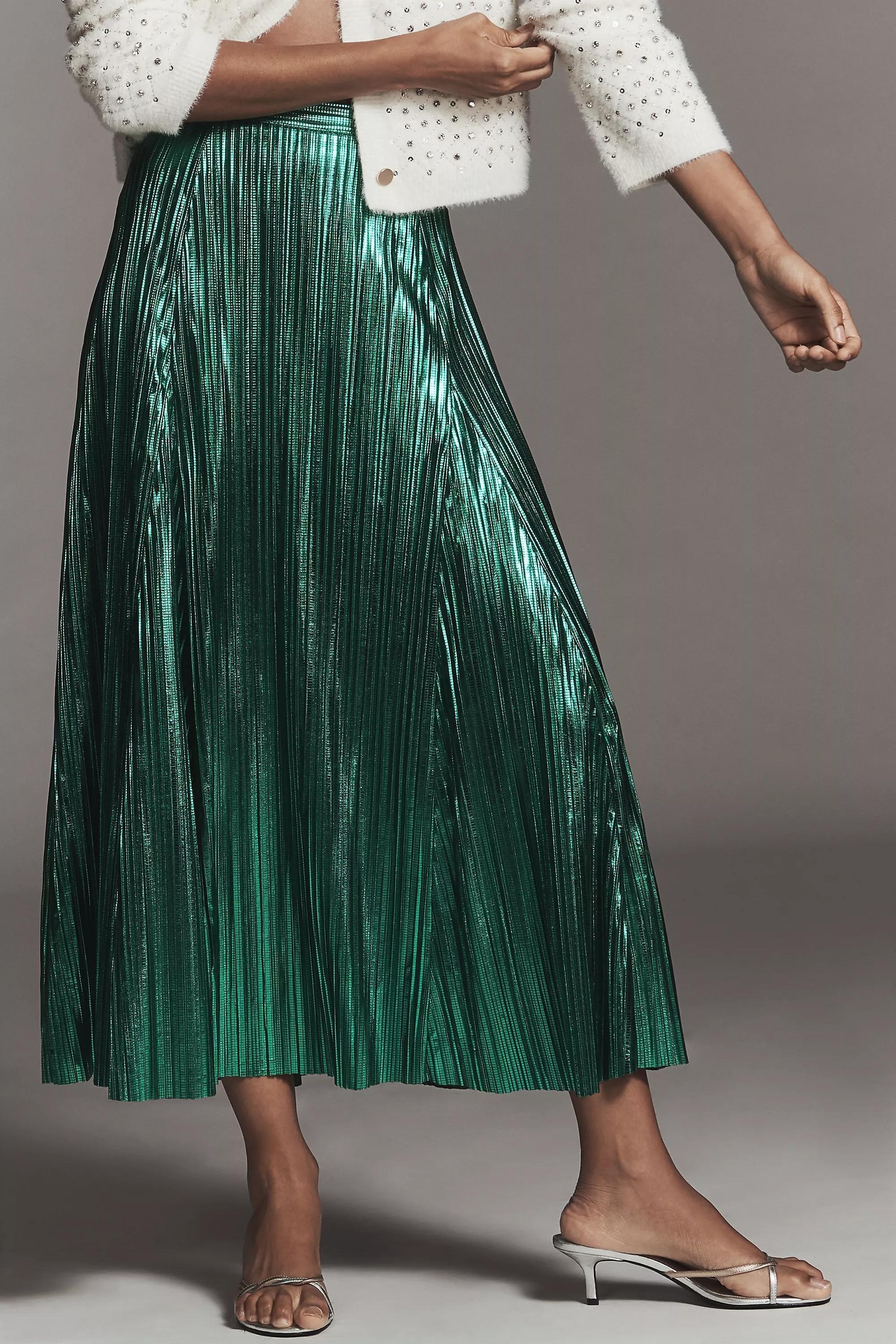 By Anthropologie Metallic Midi Skirt, Green, Green, large image number 3