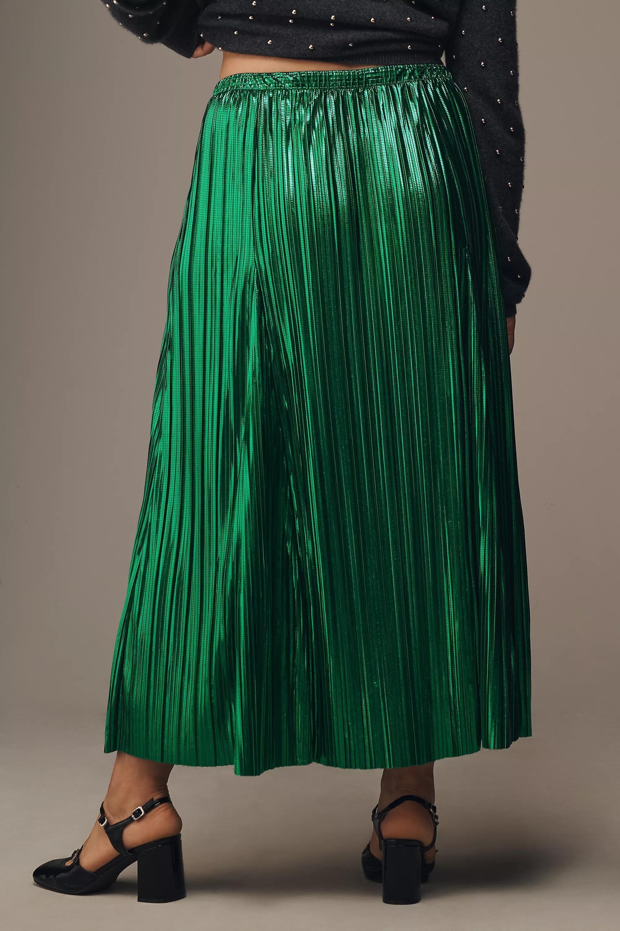 By Anthropologie Metallic Midi Skirt, Green, Green, large image number 4