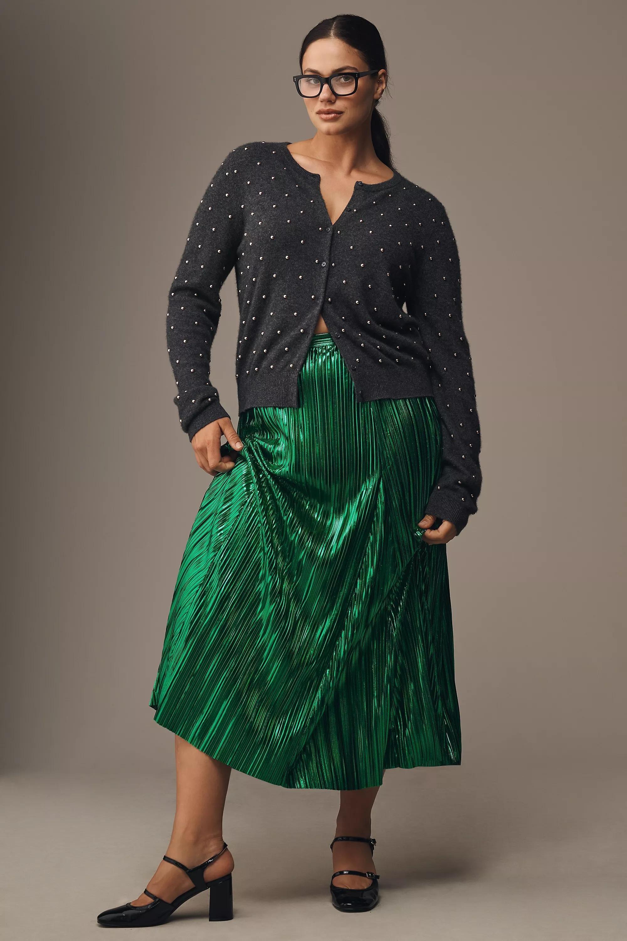 By Anthropologie Metallic Midi Skirt, Green, Green, large image number 6