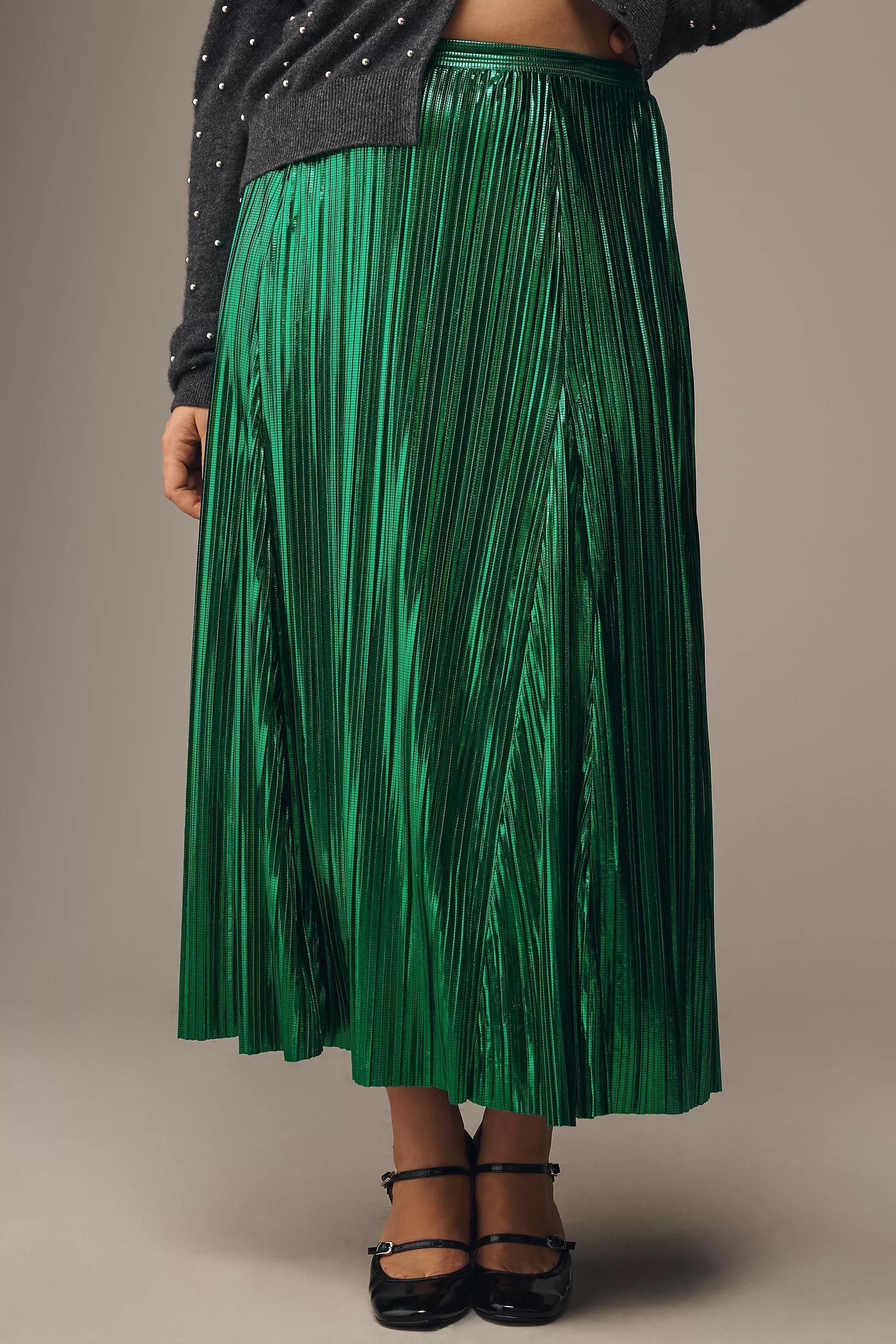 By Anthropologie Metallic Midi Skirt, Green, Green, large image number 7