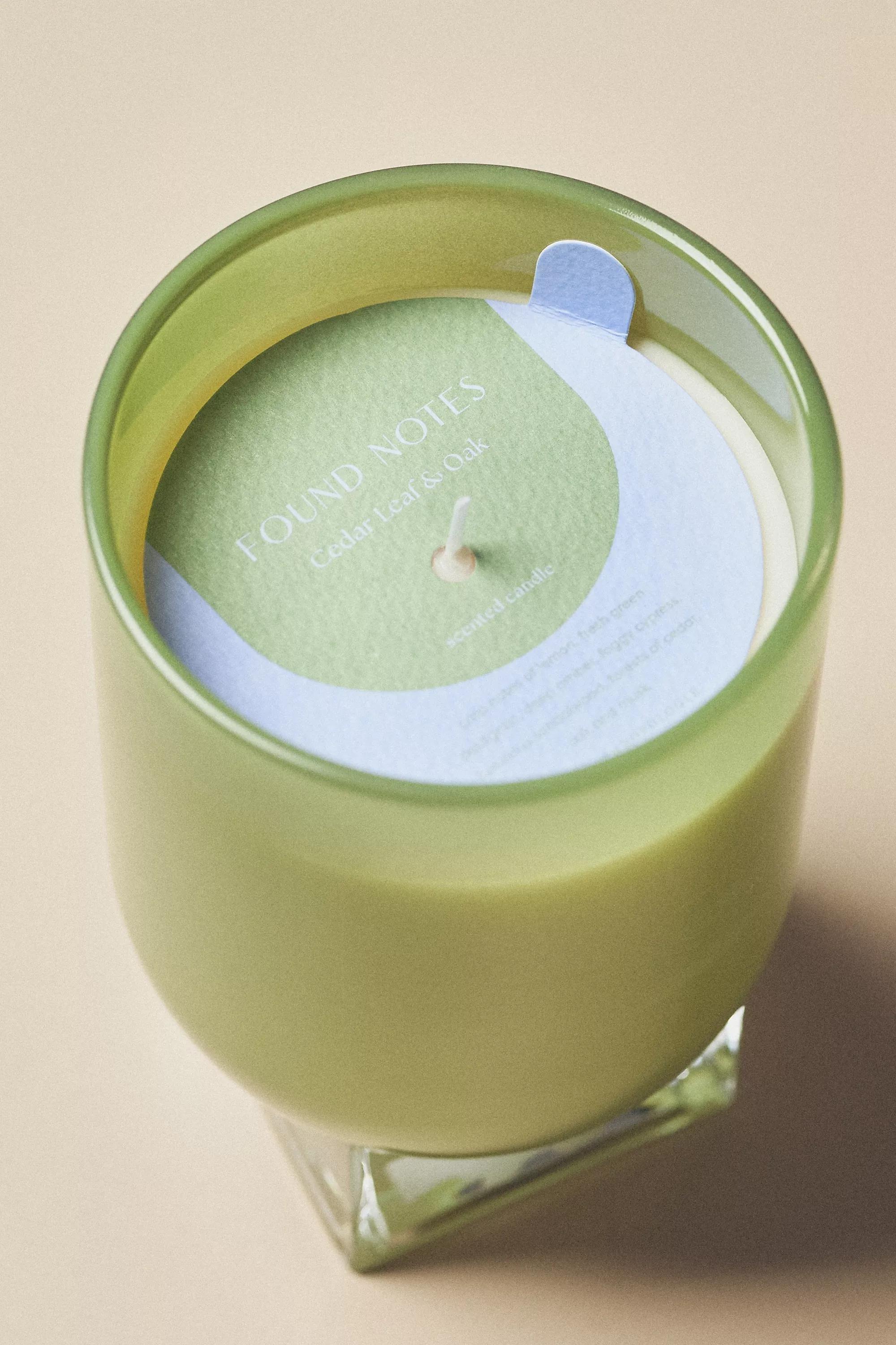 Found Notes Woody Cedar Leaf & Oak Large Glass Candle, Green, A501_0237, large image number 1