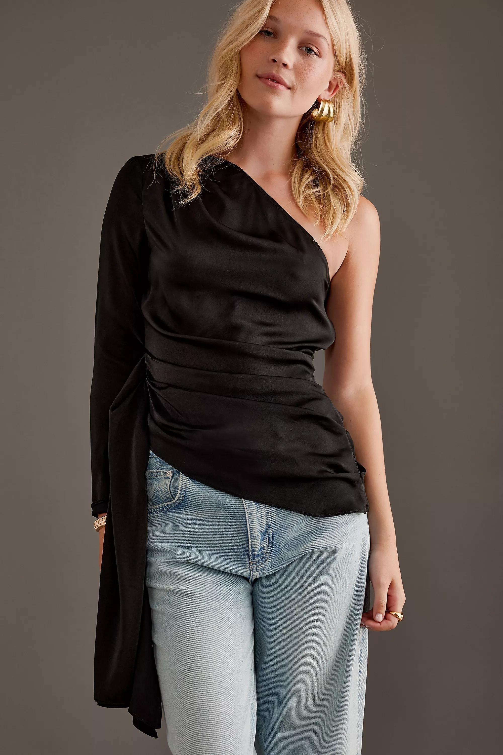 Anthropologie Satin Finish Blouse, Black, , large image number 0