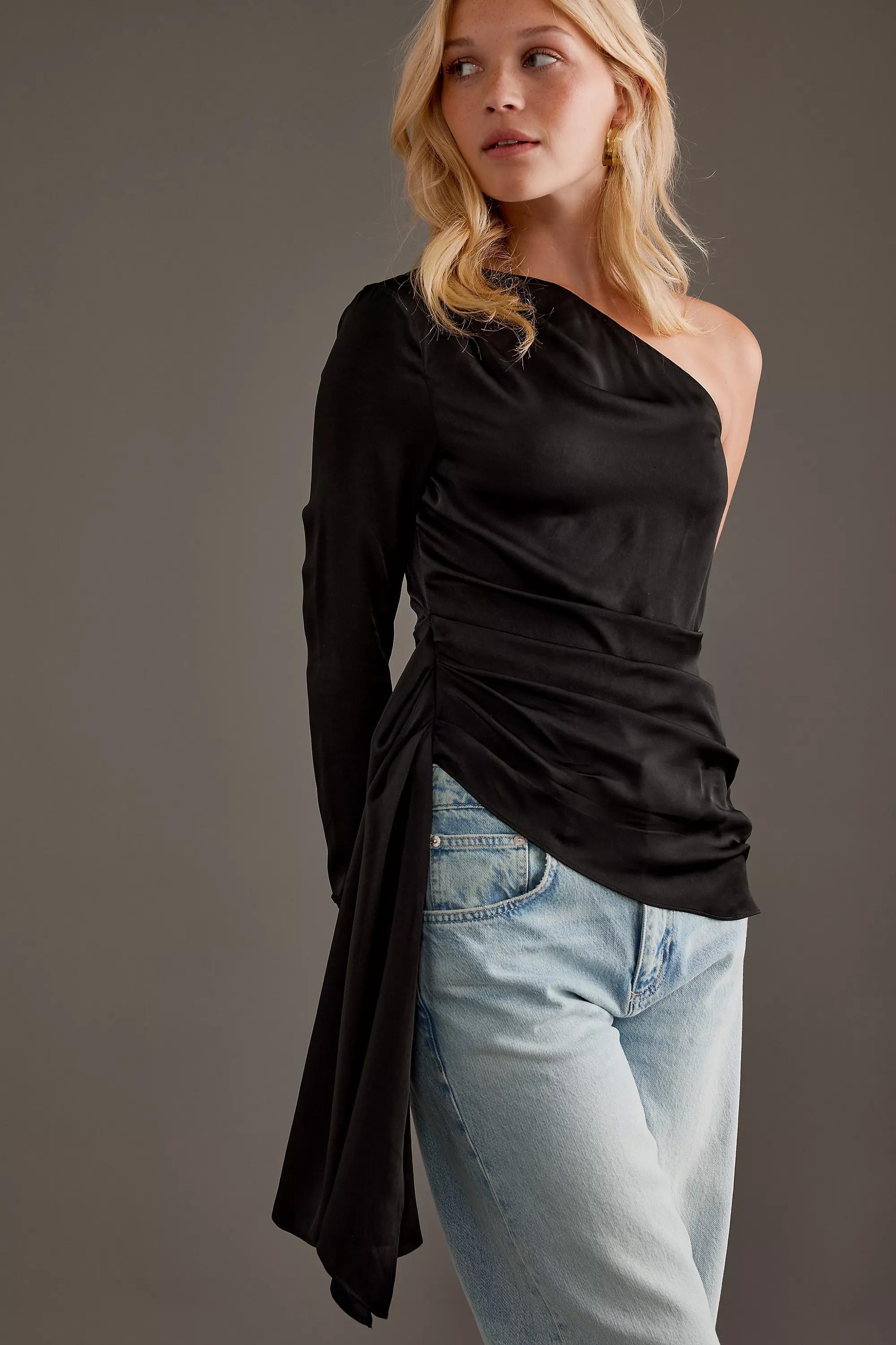 Anthropologie Satin Finish Blouse, Black, , large image number 4