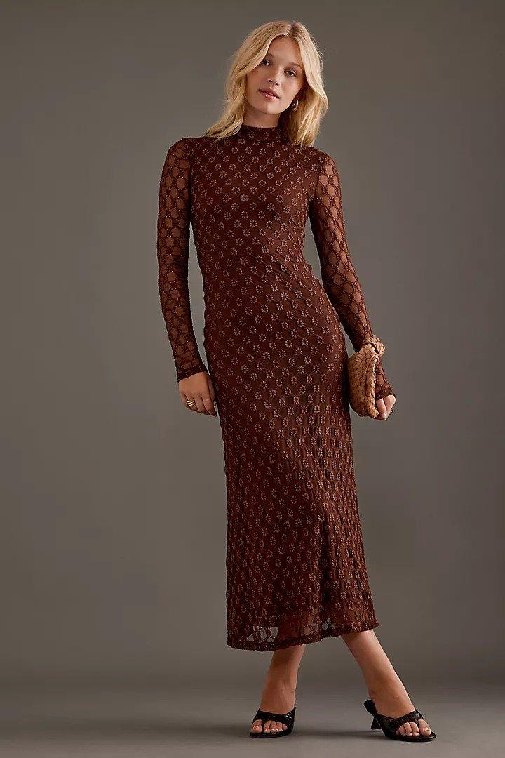 Anthropologie Lace Bardot Midi, Brown, , large image number 0