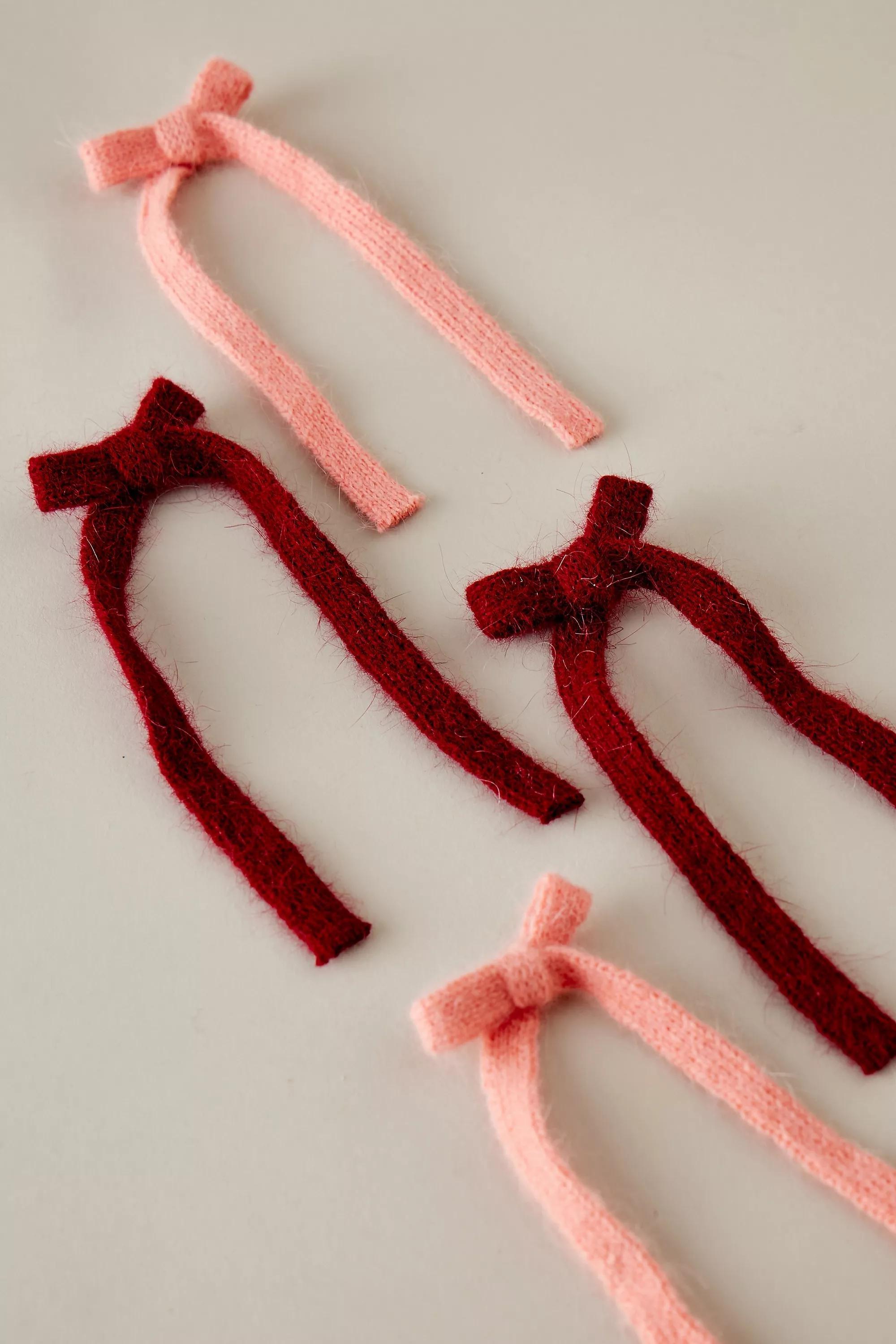 Knit Bow Hair Clips, Set Of 4, Pink, A501_0066, large image number 0