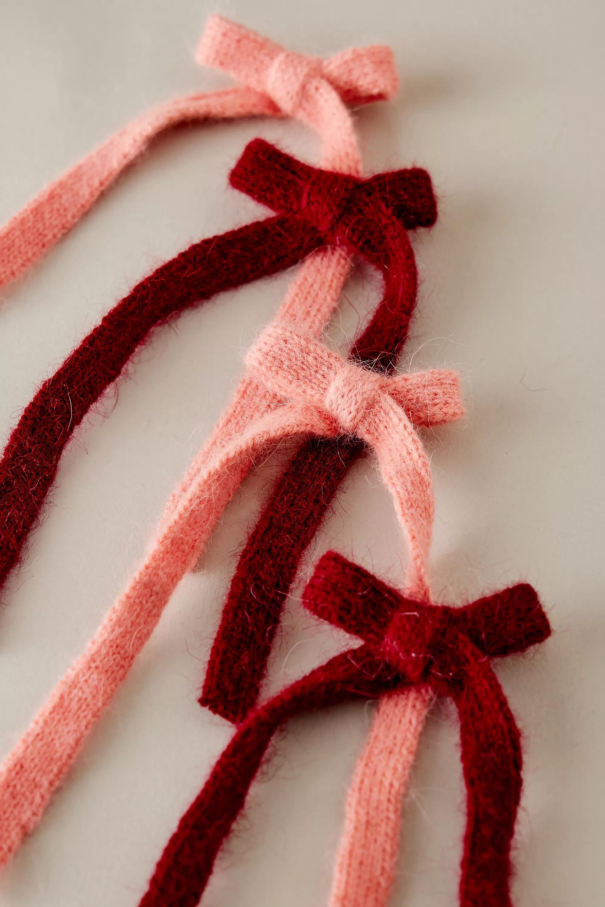 Knit Bow Hair Clips, Set Of 4, Pink, A501_0066, large image number 1