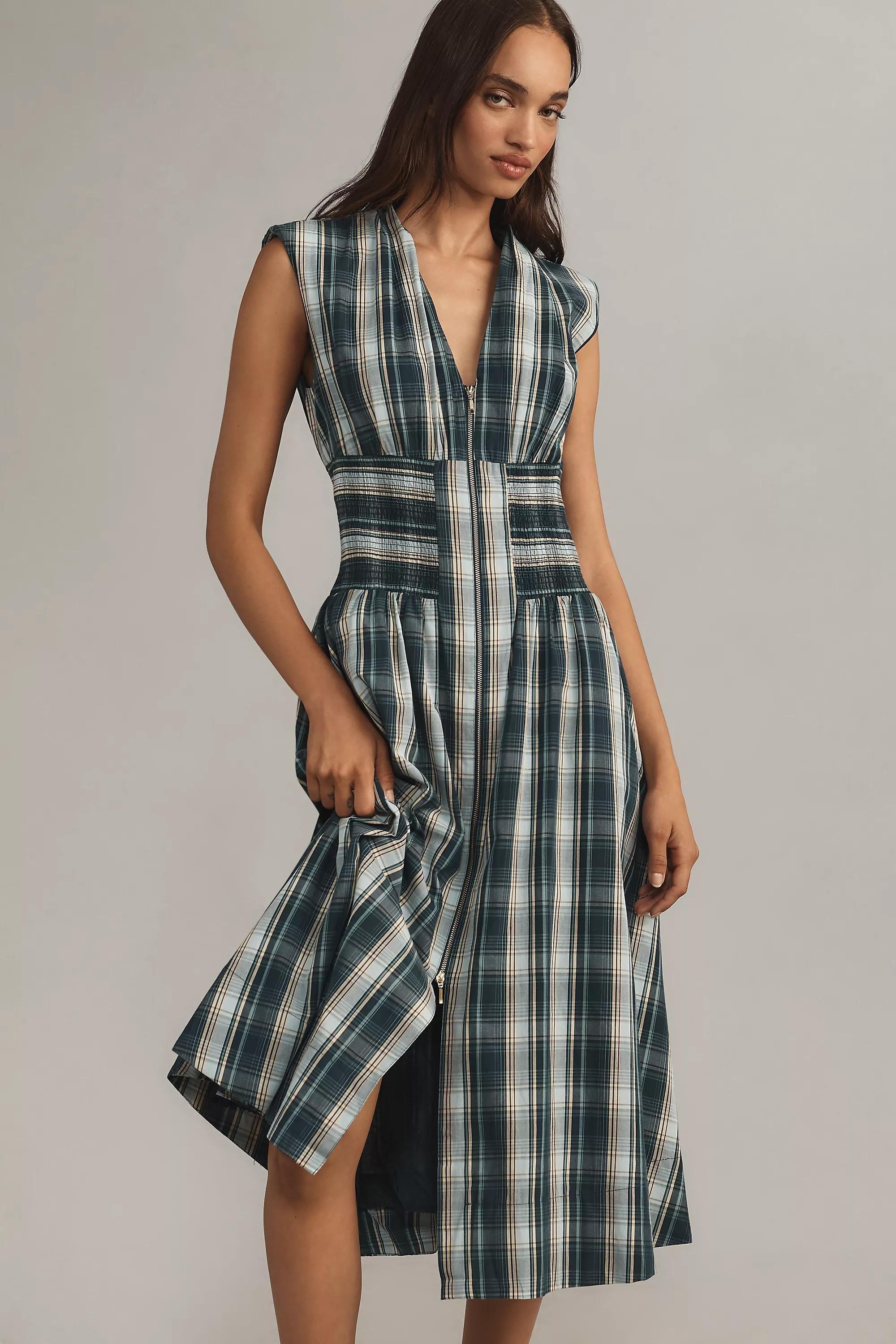 Cap-Sleeve Smocked Front-Zip Shirt Dress, Blue, , large image number 0