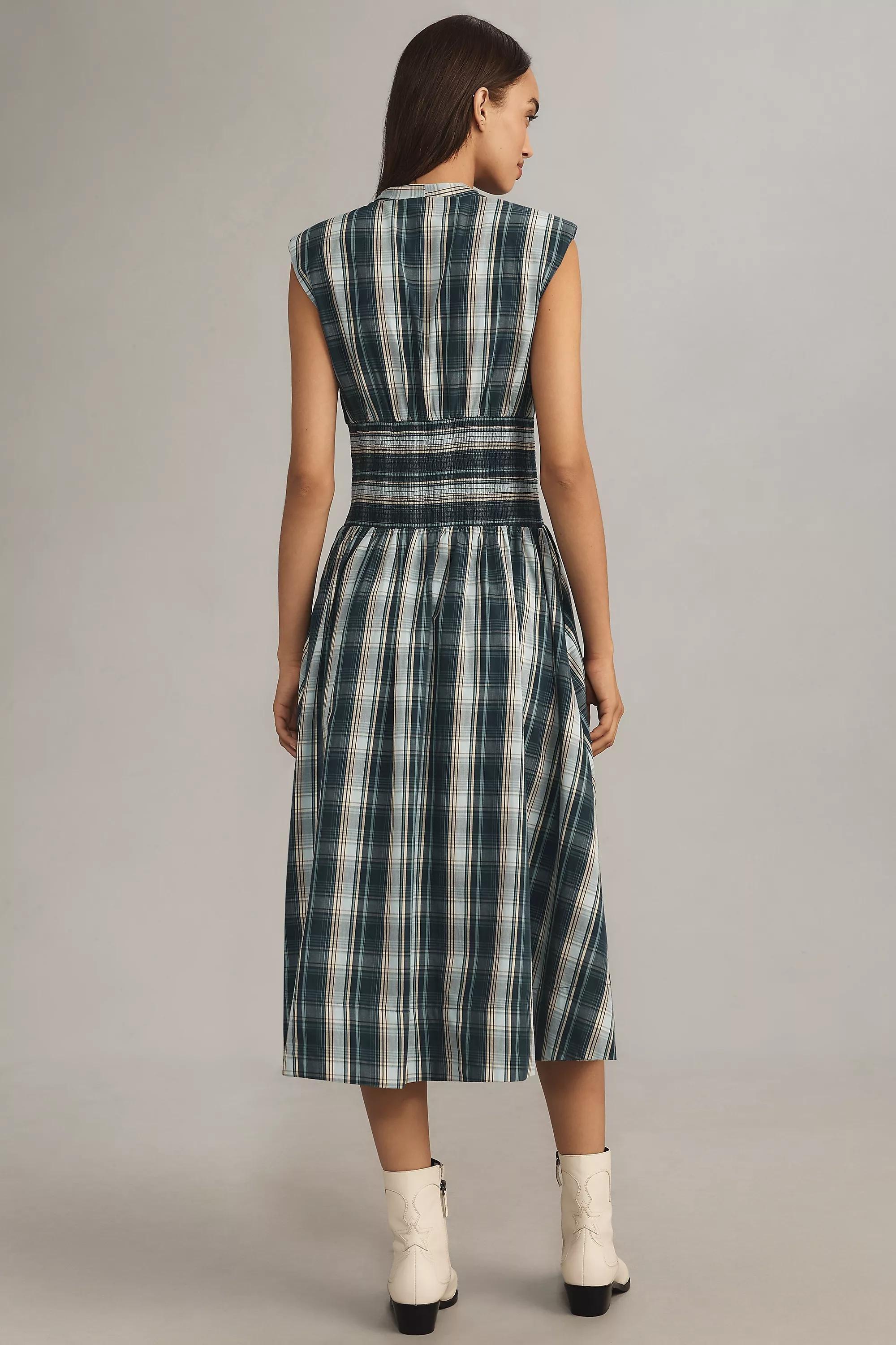 Cap-Sleeve Smocked Front-Zip Shirt Dress, Blue, , large image number 1
