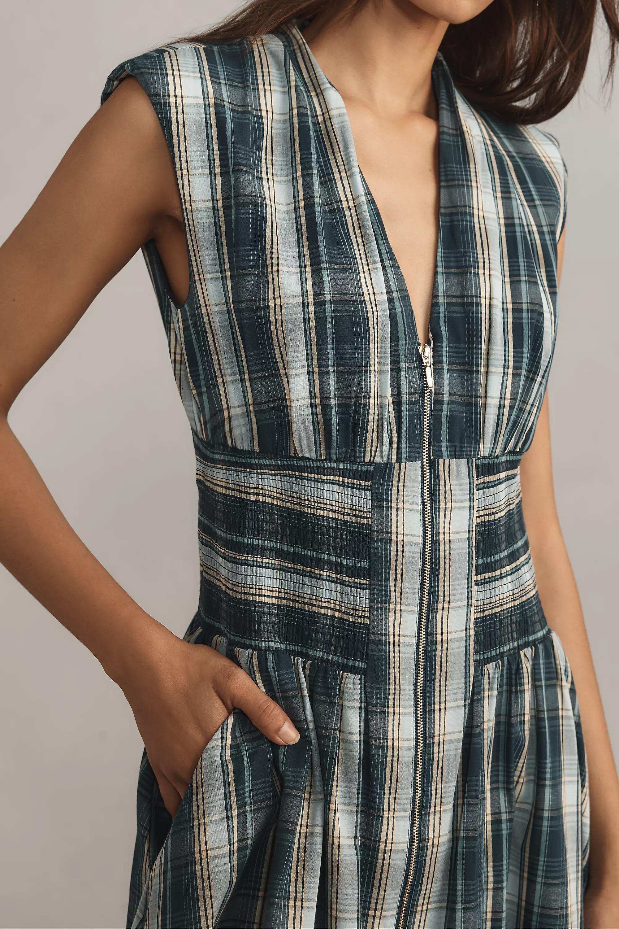 Cap-Sleeve Smocked Front-Zip Shirt Dress, Blue, , large image number 3