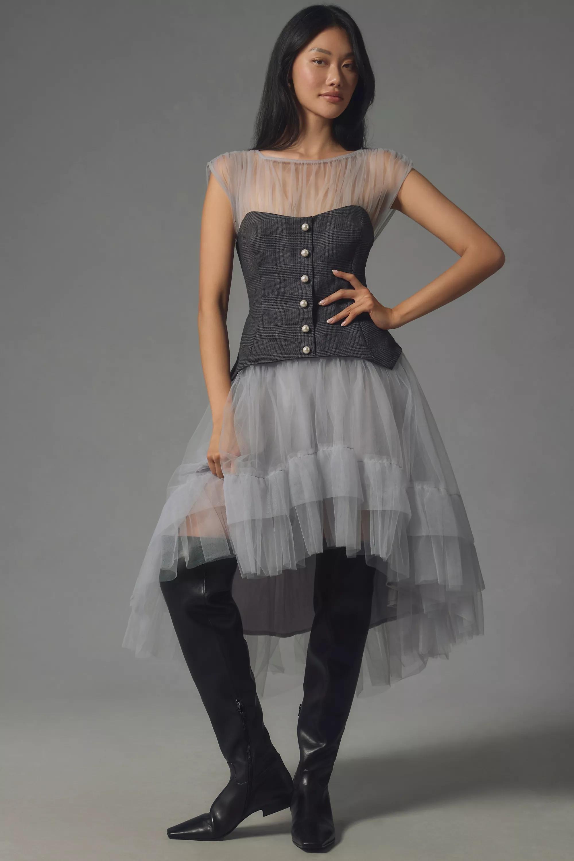 Sheer Tulle Corset Twofer Midi Dress, Black, , large image number 1
