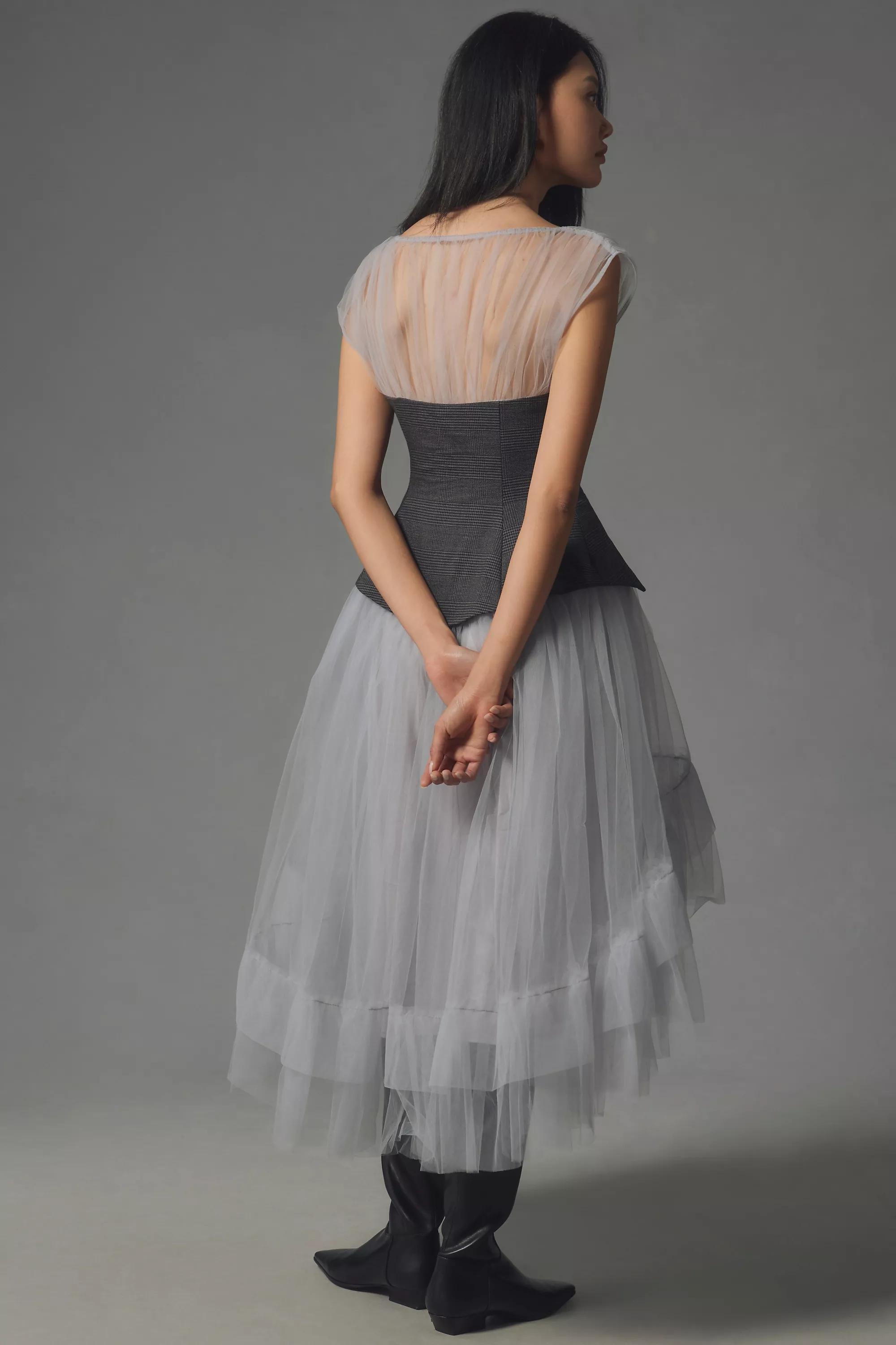 Sheer Tulle Corset Twofer Midi Dress, Black, , large image number 2