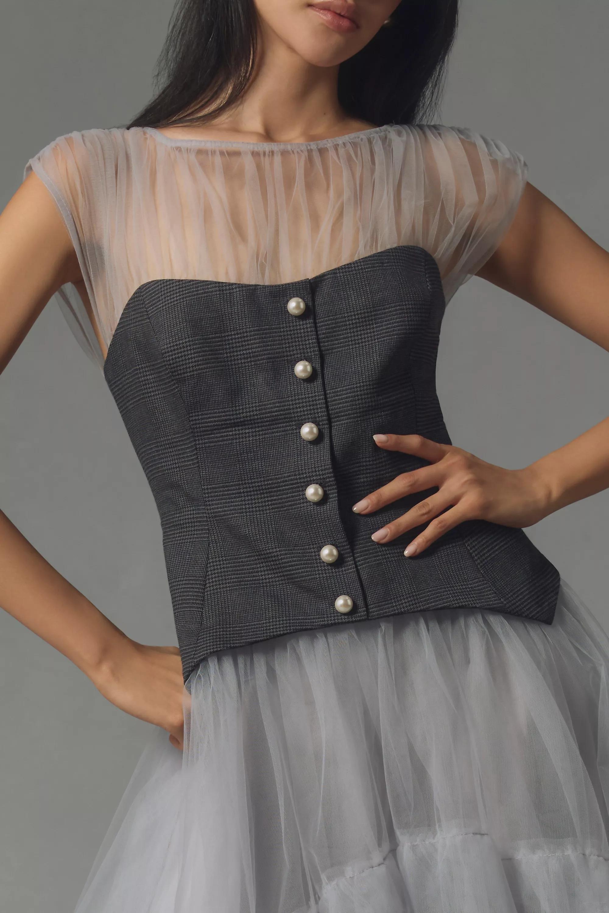 Sheer Tulle Corset Twofer Midi Dress, Black, , large image number 3