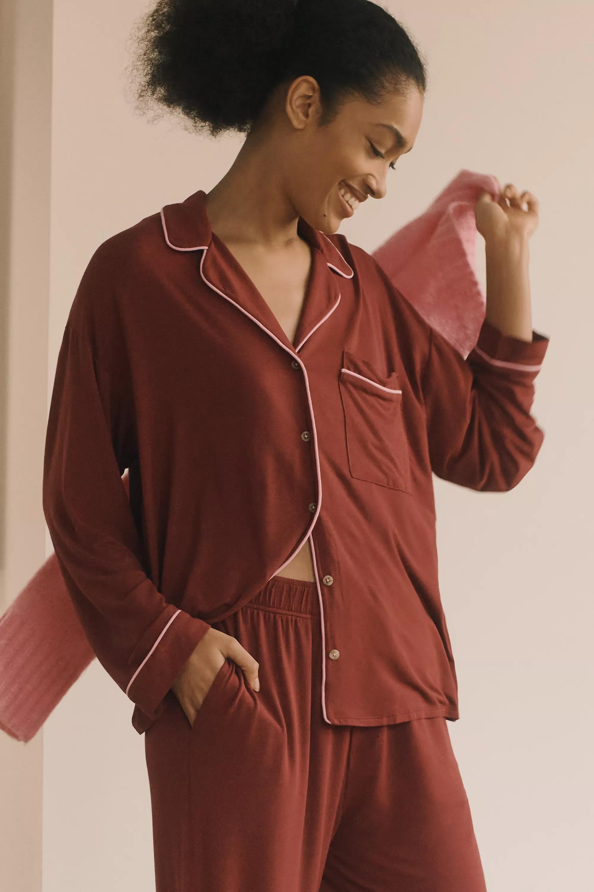 Button-down Pyjama Shirt, Burgundy, , medium