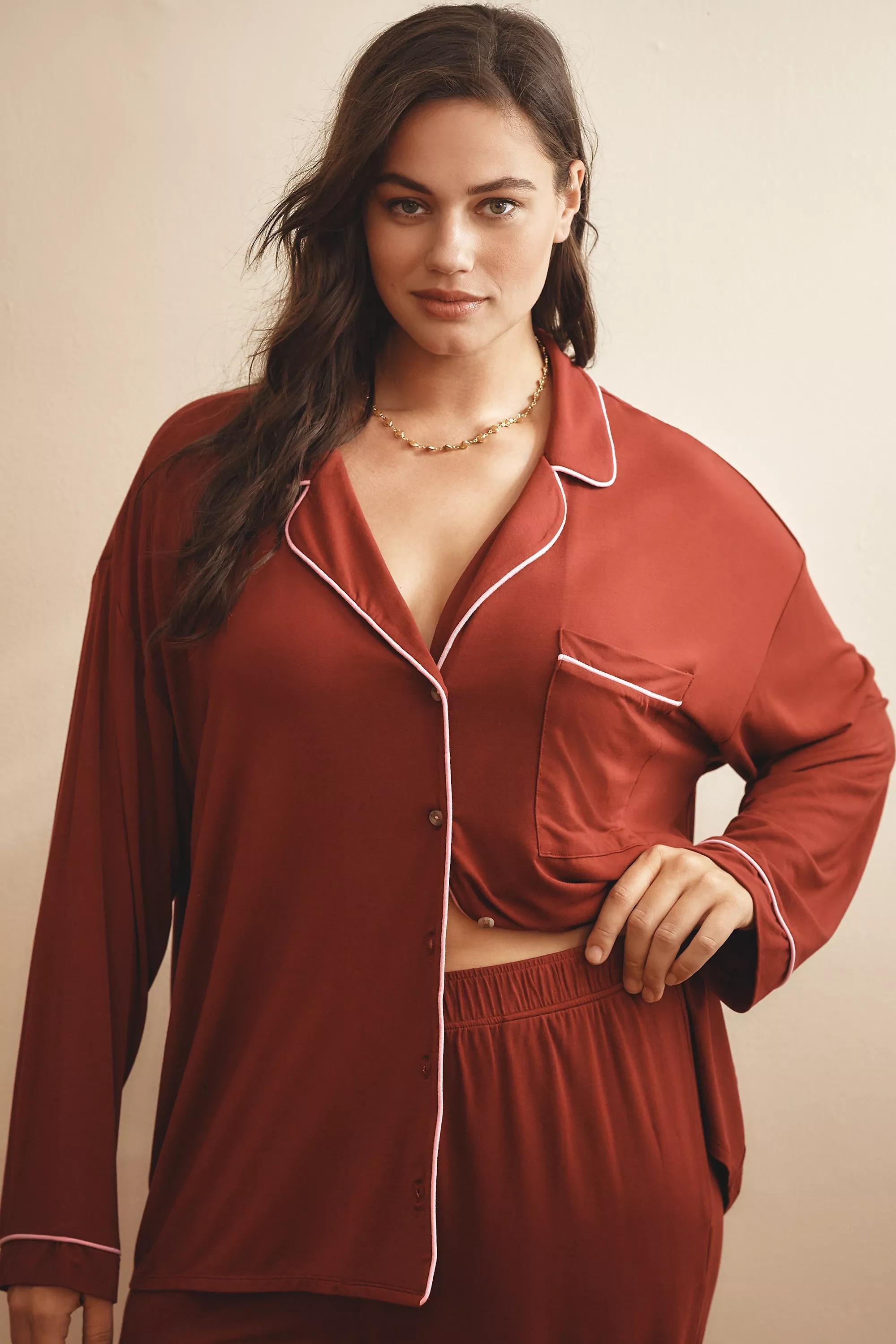 Button-down Pyjama Shirt, Burgundy, , large image number 4