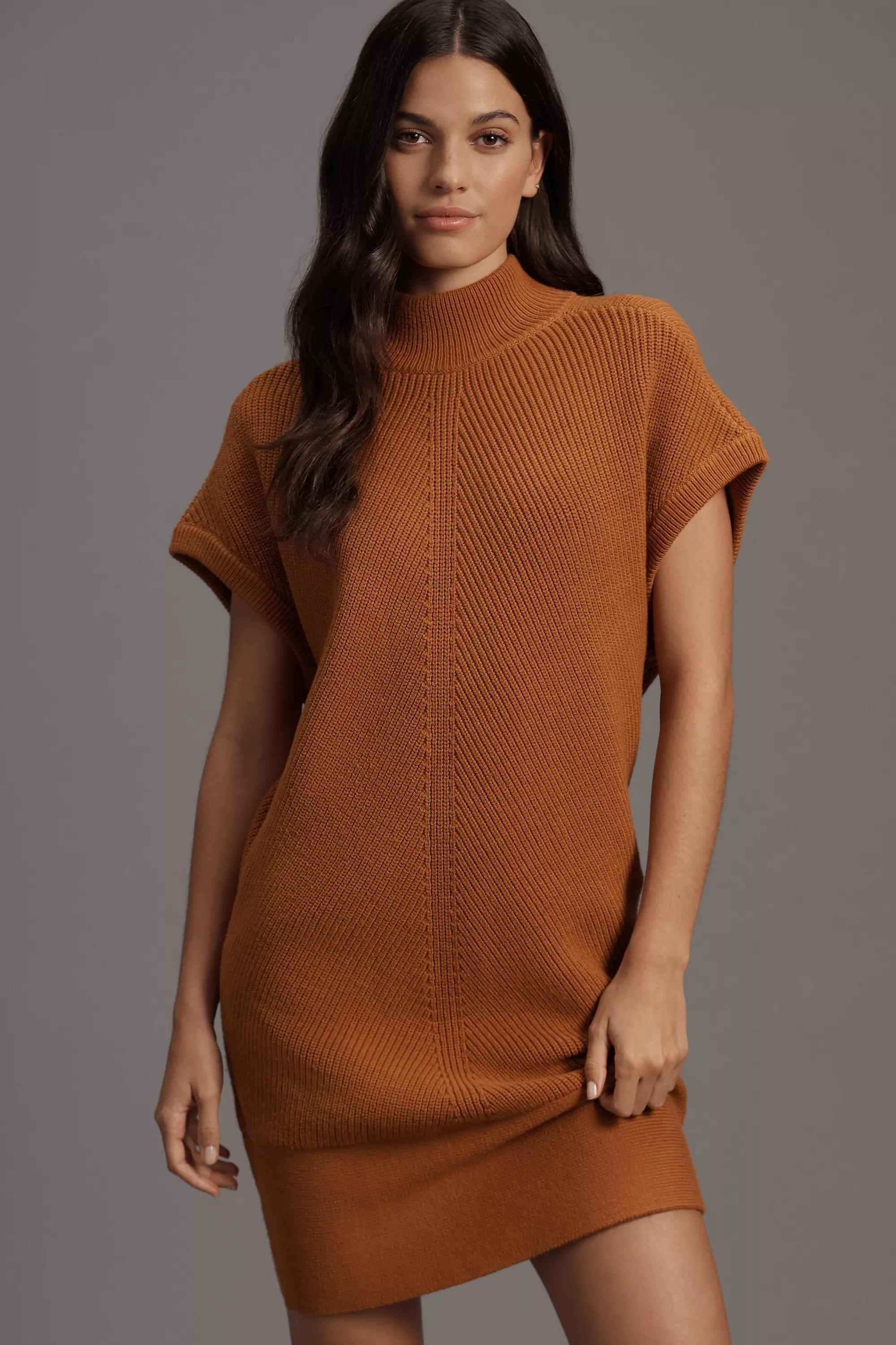 Short-Sleeve Mock-Neck Mini Jumper Dress, Brown, , medium