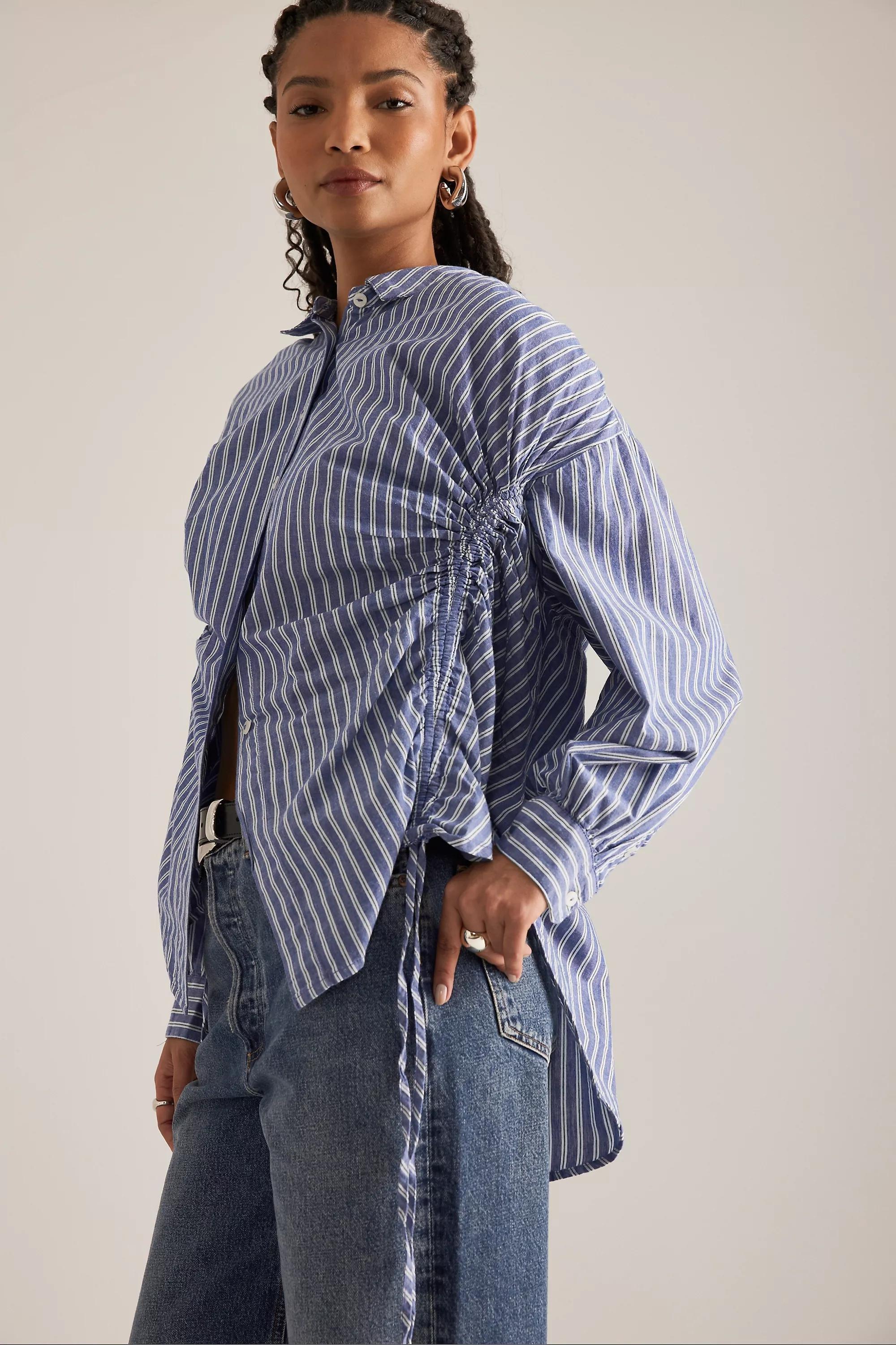 Anthropologie Striped Button Down Shirt, Blue, , large image number 4