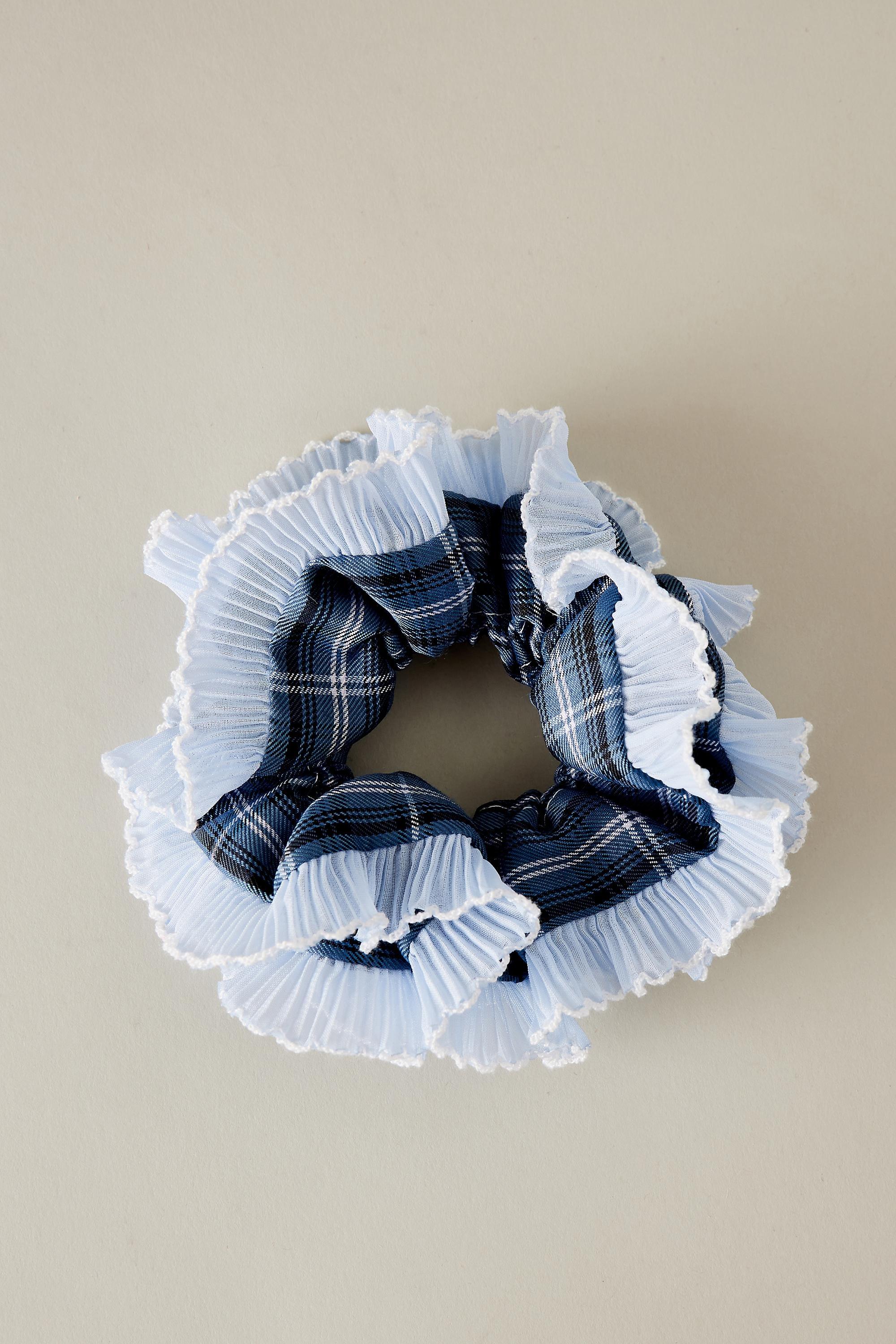 Navy Checkered Ruffle Trim Scrunchie, Kids Girls, A501_0040, large image number 0