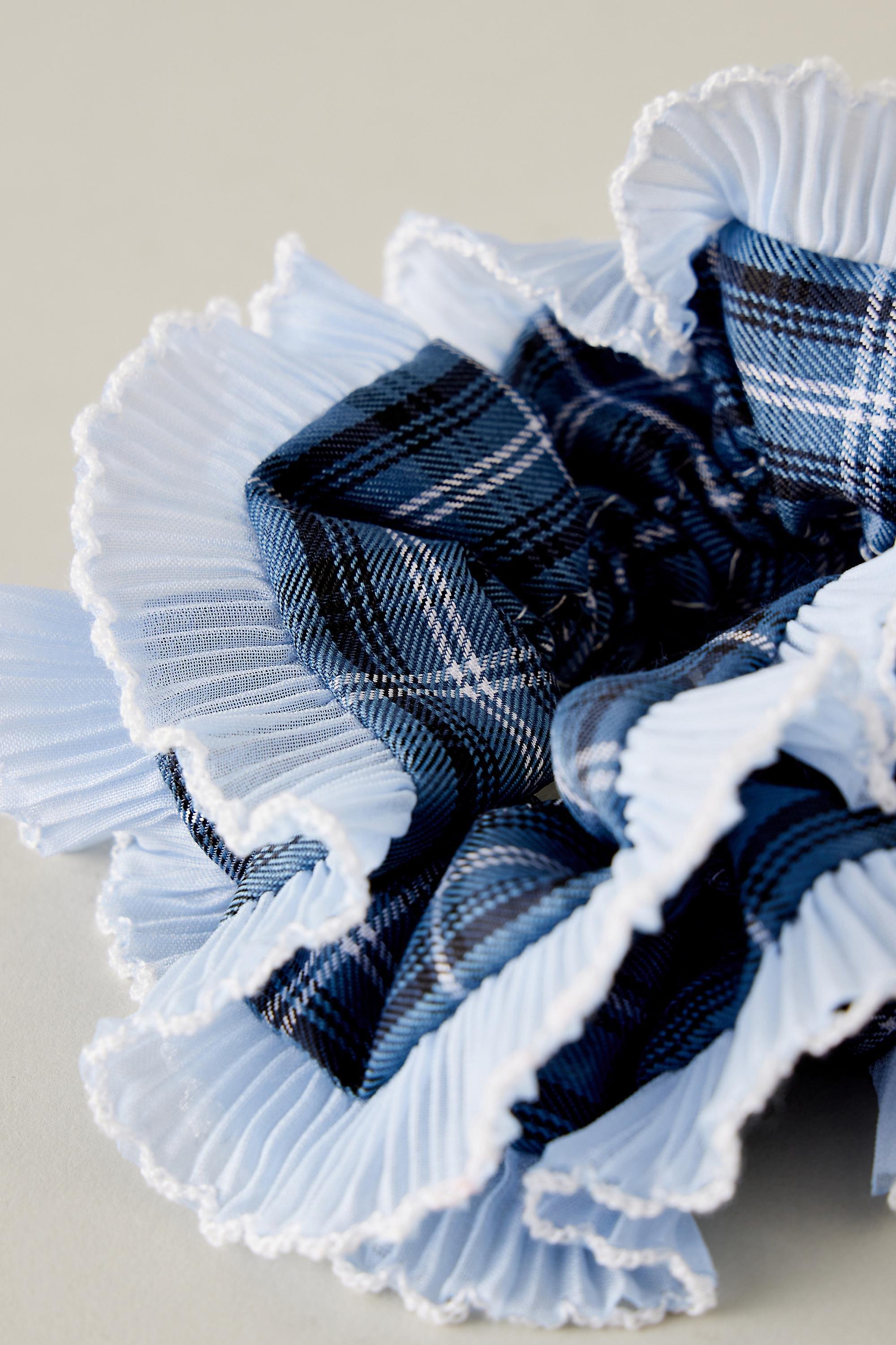 Navy Checkered Ruffle Trim Scrunchie, Kids Girls, A501_0040, large image number 1